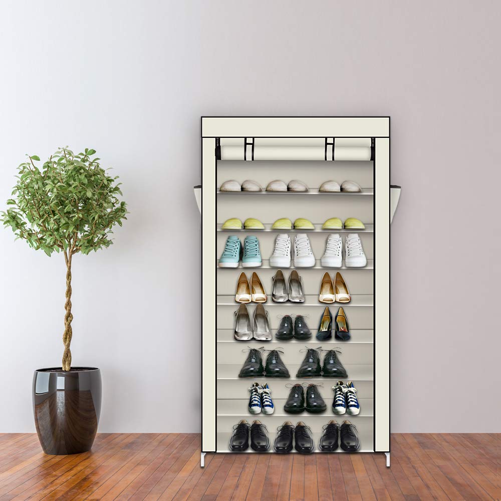 10-Tier Shoe Rack with Dustproof Cover - Space Saving Closet Shoe Storage Organizer Cabinet for Sneakers, Boots & Heels - Perfect for Bedroom, Entryway & Walk-in Closet (Beige)