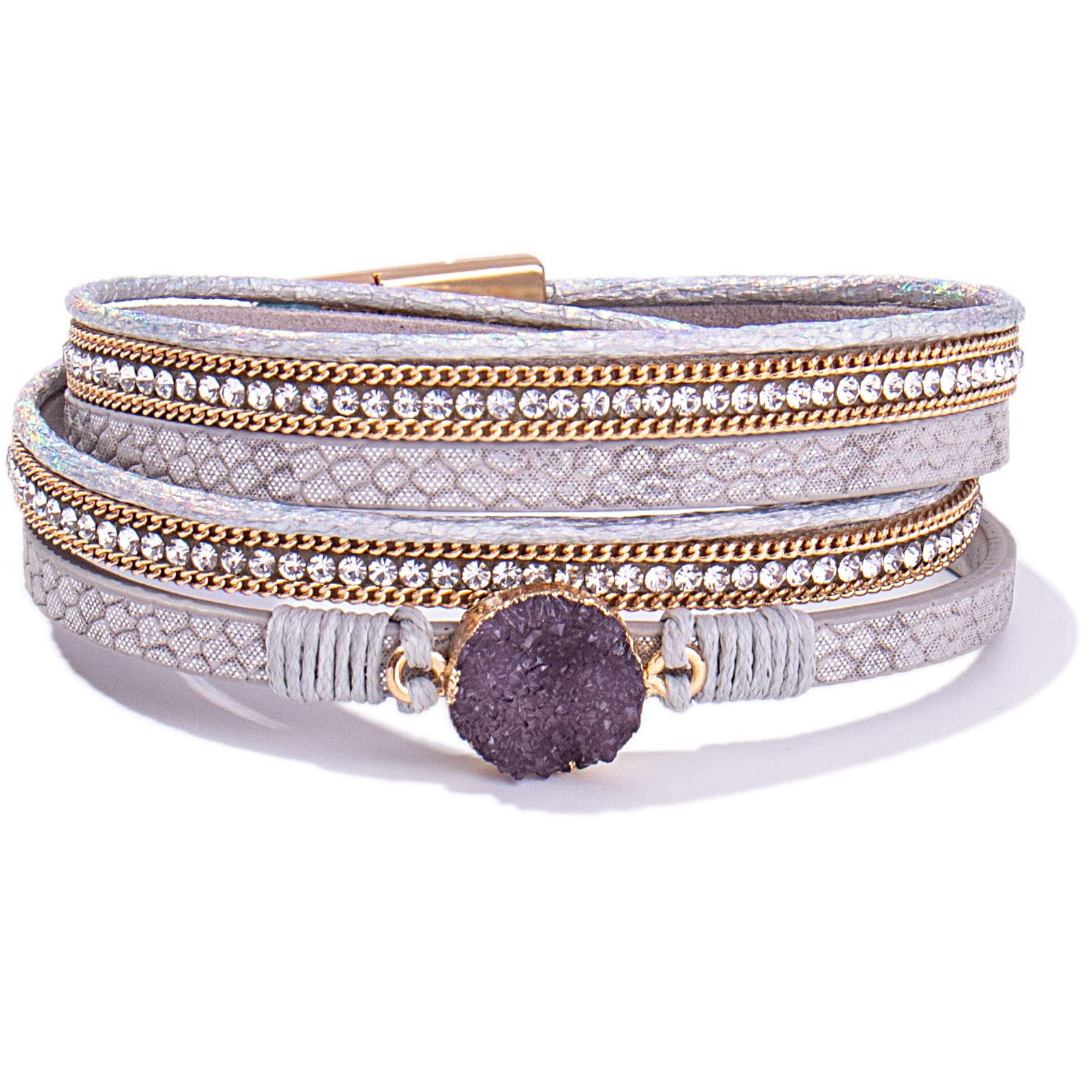 Boho Wrap Bracelet for Women - Shiny Leather Cuff with Resin Stone & Clasp | Bohemian Jewelry for Everyday Wear, Festivals & Layering