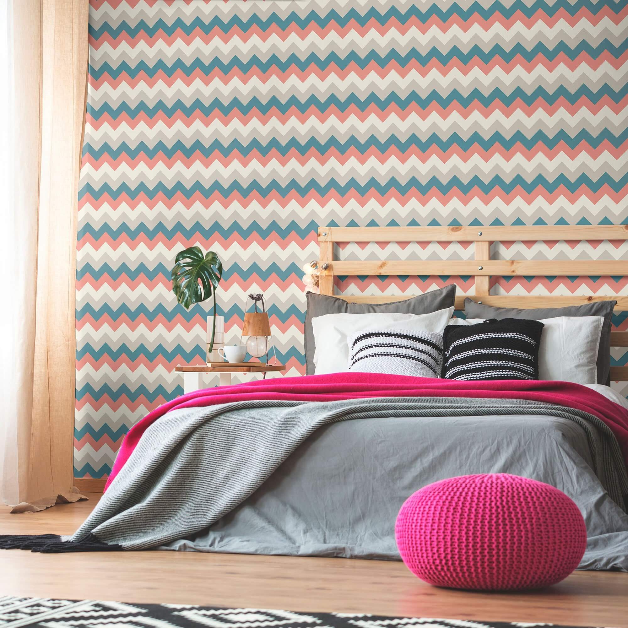 Beige and Blue Chevron Peel and Stick Removable Wallpaper - Self-Adhesive Decorative Wall Covering for Bedroom, Nursery, and Home Office Decor