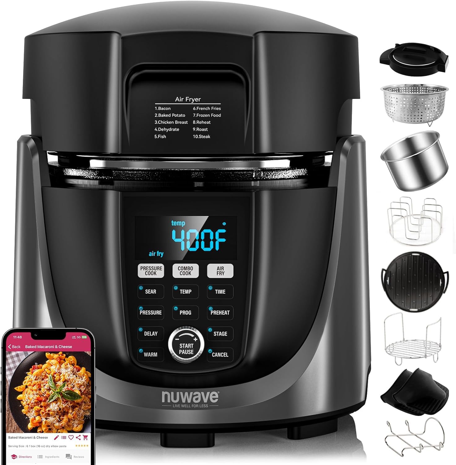 Nuwave Duet Air Fryer & Electric Pressure Cooker Combo - 540-in-1 Multicooker with 2 Removable Lids, Slow Cook, Sear, Sauté Functions - 18/10 Stainless Steel Pot & 9 Deluxe Accessories - Perfect for Healthy Cooking, Meal Prep & Family Dinners