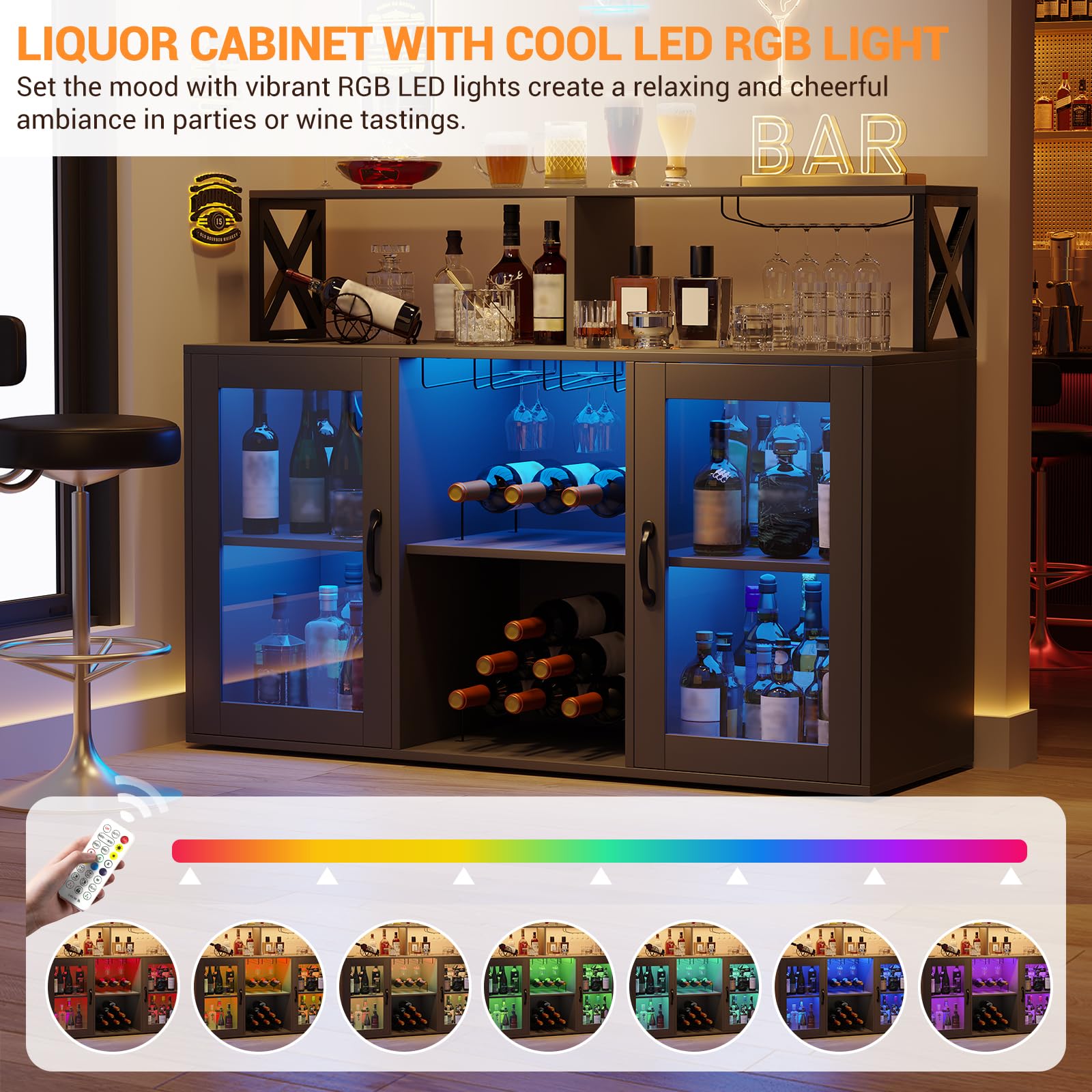 CuisinSmart Modern Bar Cabinet with Power Outlets & LED Lights - Wine Liquor Storage Cabinet with Glass Holder, Shelves for Kitchen, Dining Room, Home Bar - Perfect for Entertaining Guests & Home Decor