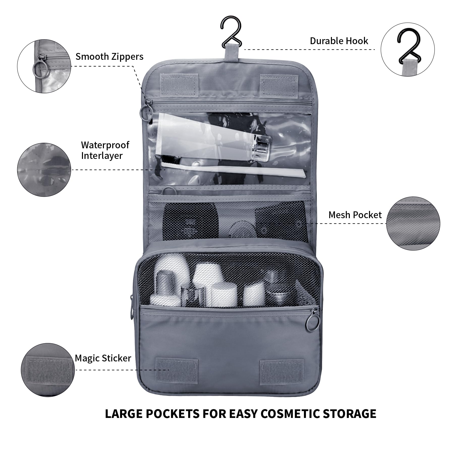 Large Waterproof Hanging Toiletry Bag for Travel - Spacious Cosmetic Organizer with Hook for Men & Women, Perfect for Brushes & Bathroom Essentials (Grey) | Ideal for Airplane Trips, Gym Showers & Weekend Getaways