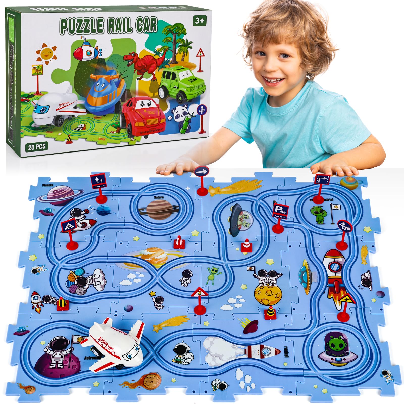 25PCS Space Themed Puzzle Racer Track Set - Educational STEM Toy for Kids, Interactive Race Car Play Set with Puzzle Tracks - Perfect for Birthday Gifts & Indoor Playtime