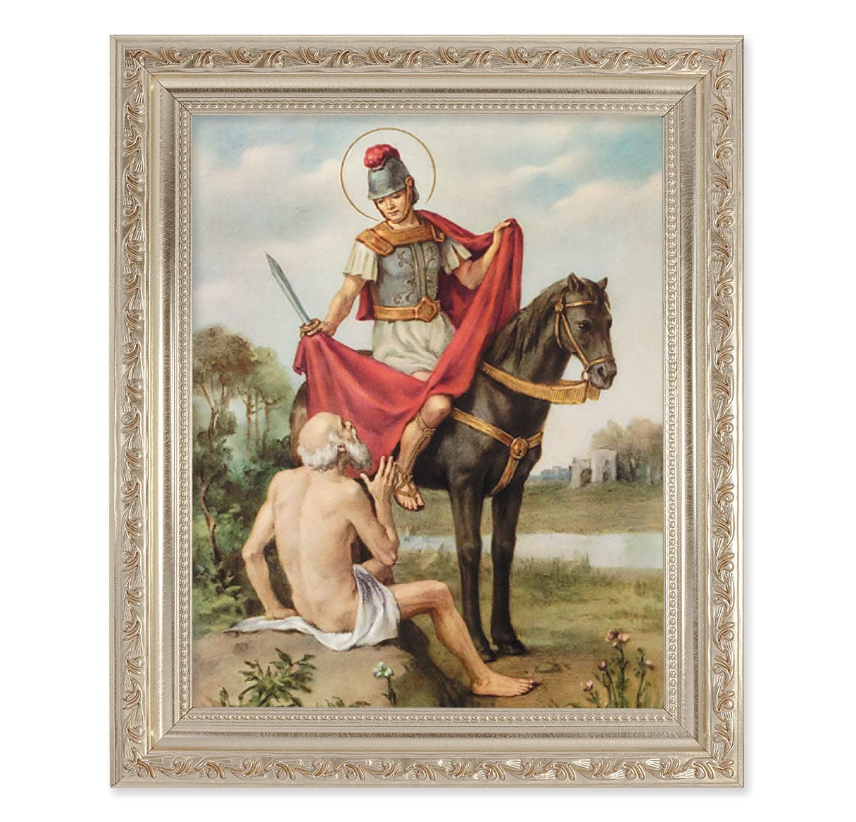 St. Martin of Tours Framed Wall Art - Large Antique Silver Religious Painting with Detailed Carved Scrollwork - Perfect for Church, Home Chapel, or Christian Gift