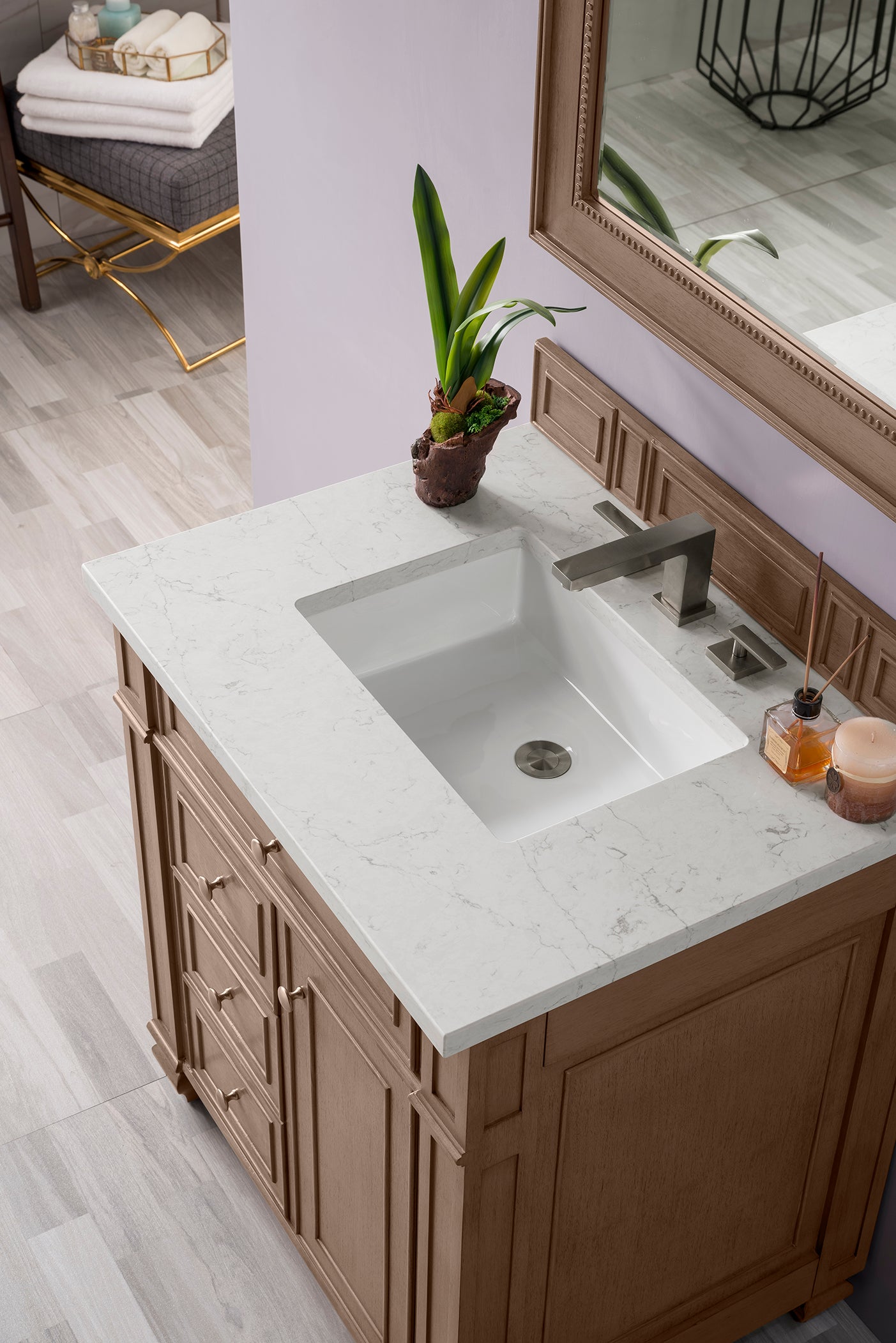 Bristol 30-Inch Single Bathroom Vanity Set - Whitewashed Walnut Finish with 3CM Eternal Jasmine Pearl Quartz Countertop | Perfect for Modern Bathrooms & Powder Rooms