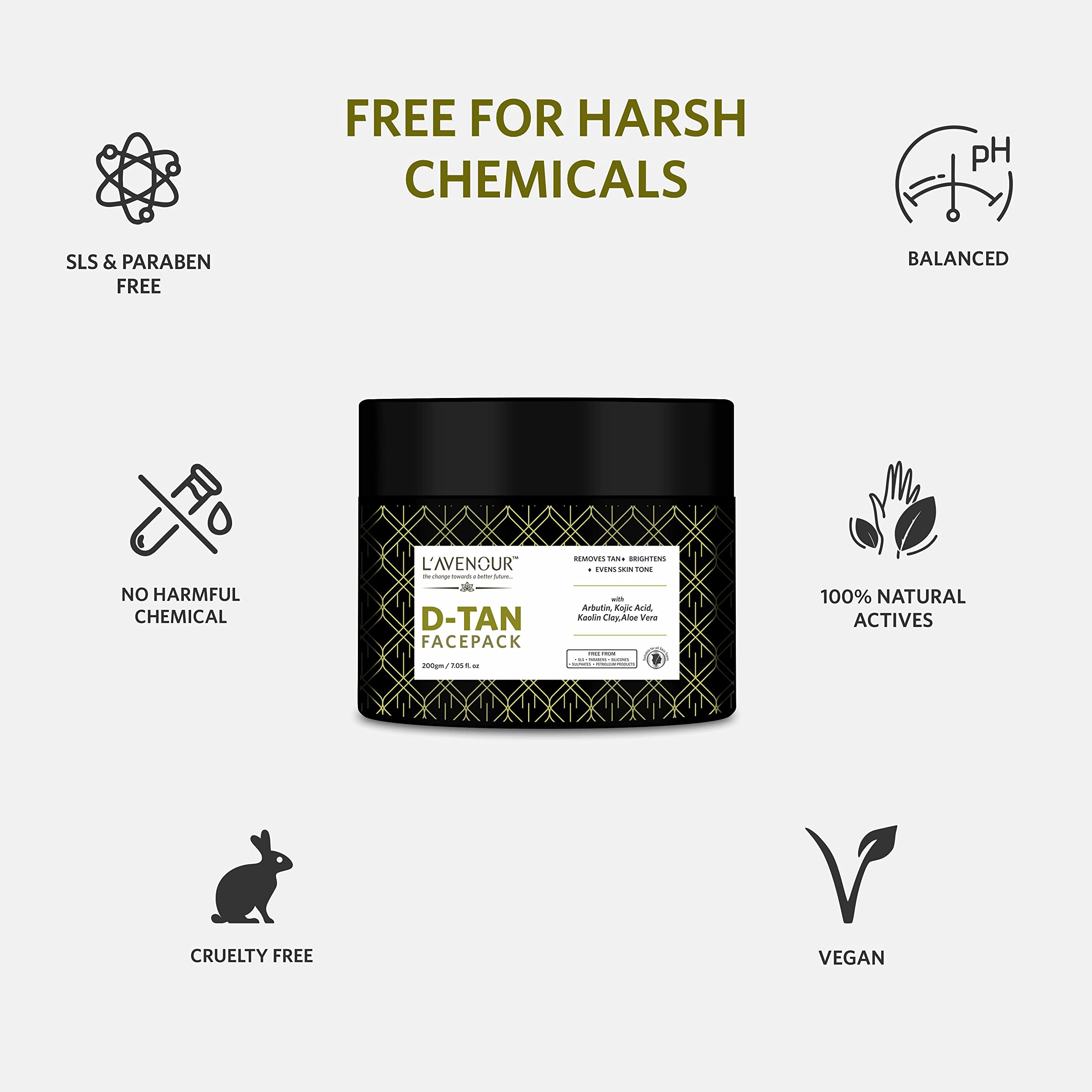 L'avenour D-Tan Face Pack with Aloe Vera, Kaolin Clay & Arbutin - Skin Brightening, Tan Removal & Tone Evening Treatment for All Skin Types (200g) | Perfect for Post-Sun Care, Daily Glow & Radiant Complexion