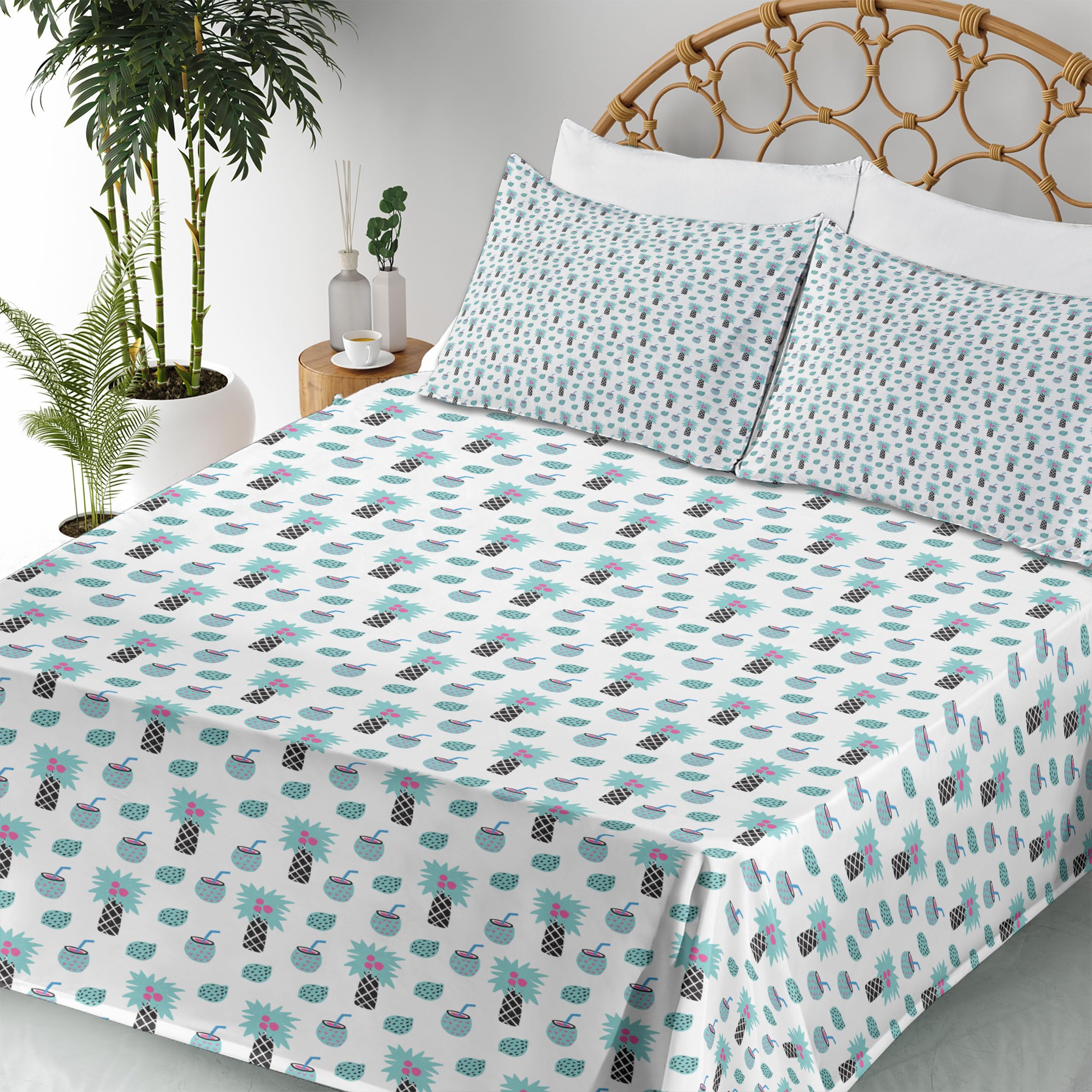 Ambesonne Exotic 4-Piece King Size Sheet Set - Tropical Lemon & Pineapple Hipster Fruit Print, Aqua Magenta & Black Bedding Set with Fitted Sheet, Flat Sheet & Pillowcases | Perfect for Summer Bedroom Decor, Guest Room Makeover or Beach House Retreat