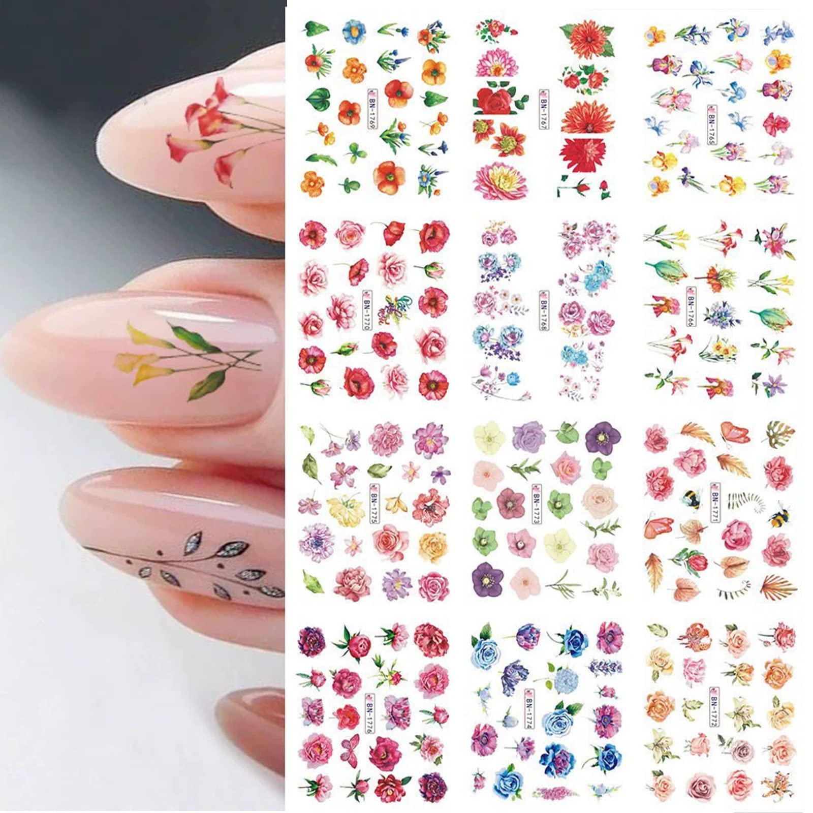 12 Sheets Flower Water Transfer Nail Decals - Assorted Blossom Floral DIY Nail Art Stickers for Manicure & Nail Decoration | Perfect for Home Salon, Parties, Weddings & Special Occasions