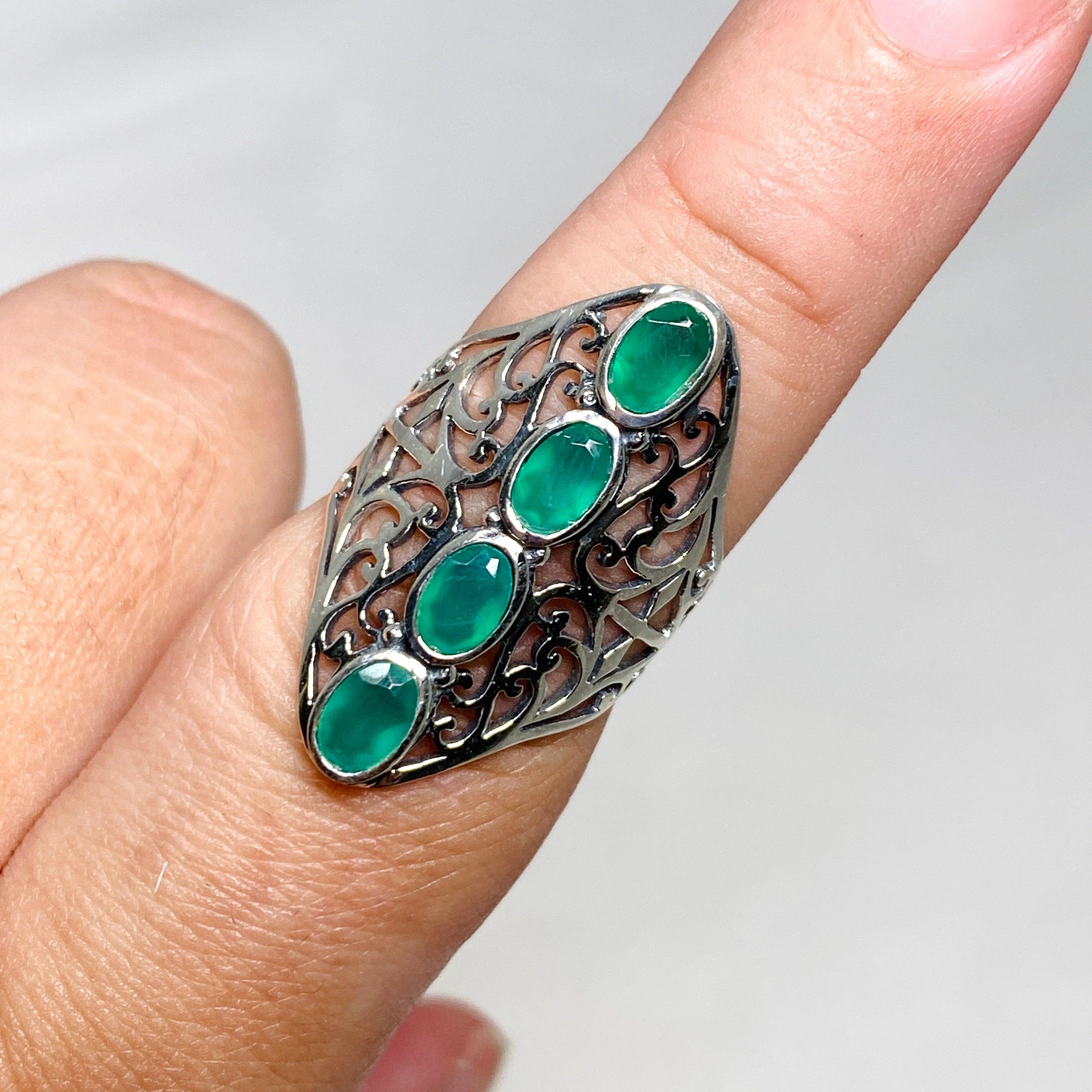 Green Chalcedony Faceted Multi-Stone Filigree Ring R3608 – Elegant Jewelry for Women, Perfect for Weddings, Parties & Special Occasions