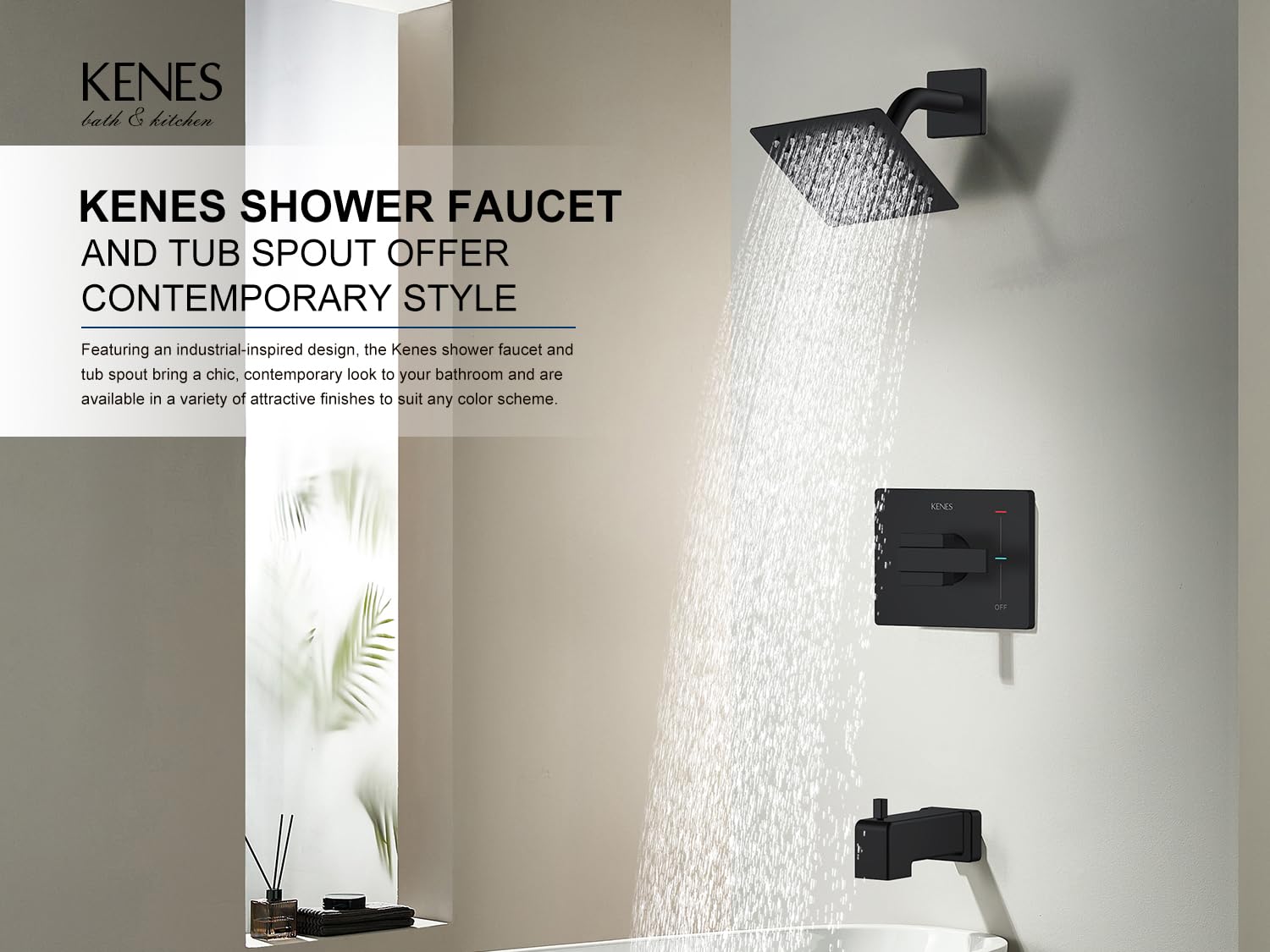 Kenes Modern Matte Black Shower Faucet Set - Single-Spray Square Stainless Steel Rain Shower Head with Tub & Shower Trim Kit (Valve Included) KE-6025A-2 - Perfect for Bathroom Renovation & Luxury Spa Experience