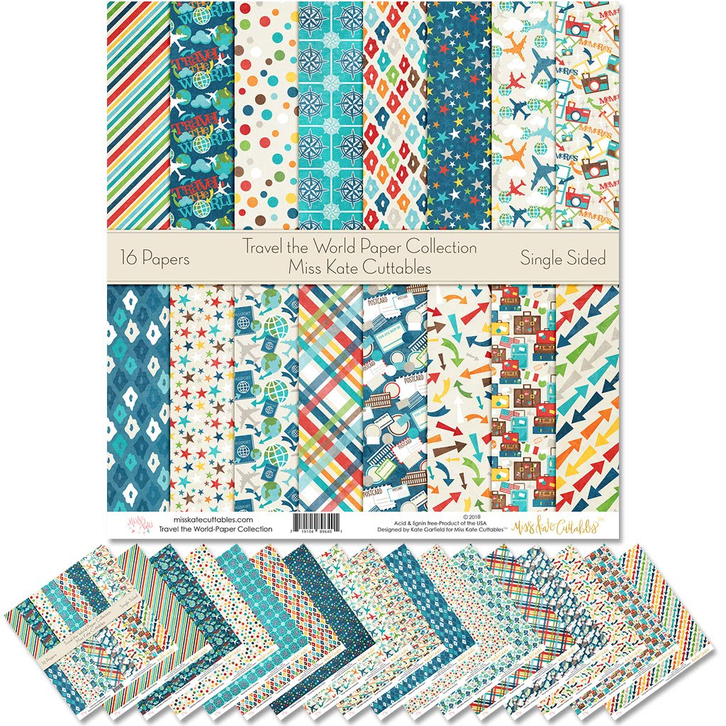 Miss Kate Cuttables World Travel Scrapbook Paper Pack - 16 Sheets 12x12 Single-Sided Pattern Paper for Scrapbooking, Card Making & DIY Crafts - Perfect for Travel Journals, Memory Books & Photo Albums
