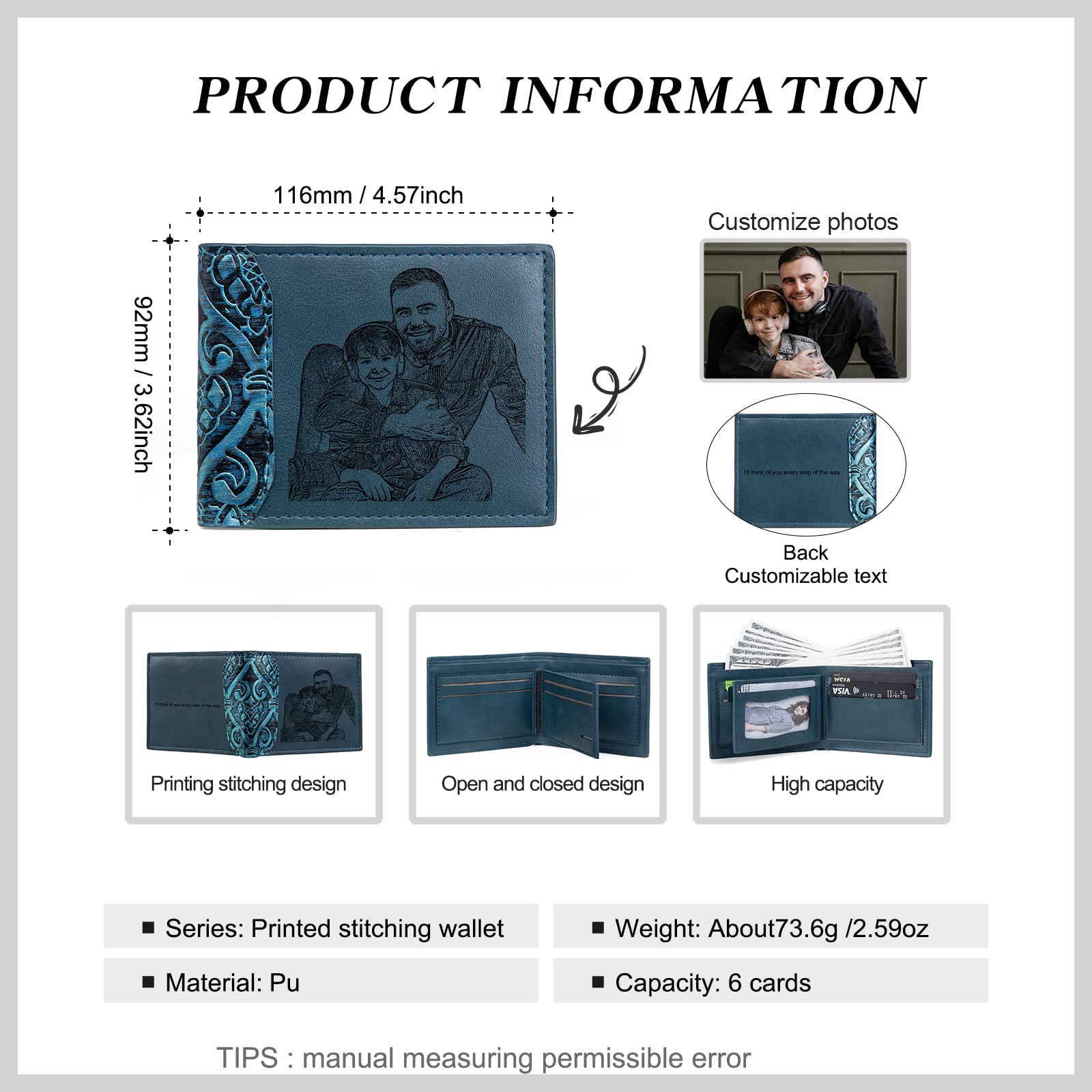 Personalized Leather Photo Wallet for Men - Custom Engraved Bifold Wallet with Photo/Text - Unique Gift for Husband, Dad, Boyfriend, Uncle & Friends - Perfect for Anniversaries, Birthdays & Father's Day