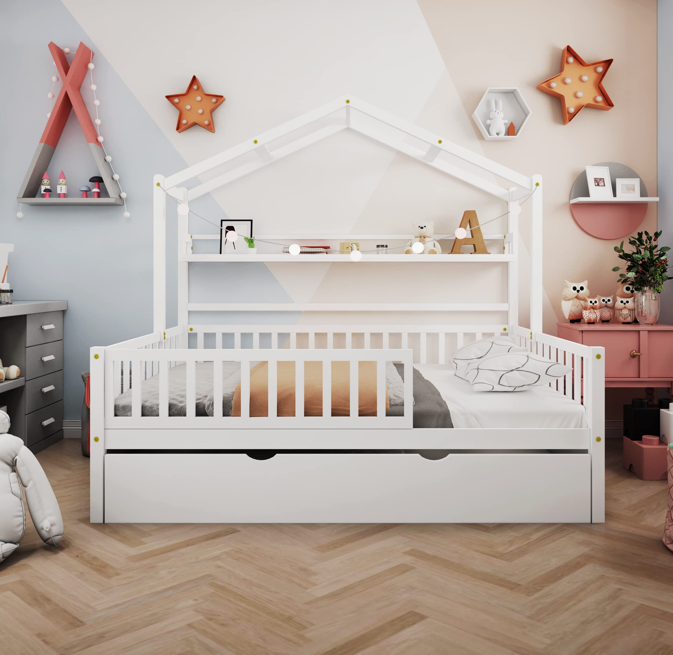 DEINPPA Full House Bed with Trundle - Wooden Kids Bed Frame with Storage Shelf & Safety Guardrails - No Box Spring Needed - Decorative Roof Design for Boys & Girls - Perfect for Toddler Bedrooms, Playrooms & Small Spaces (White)