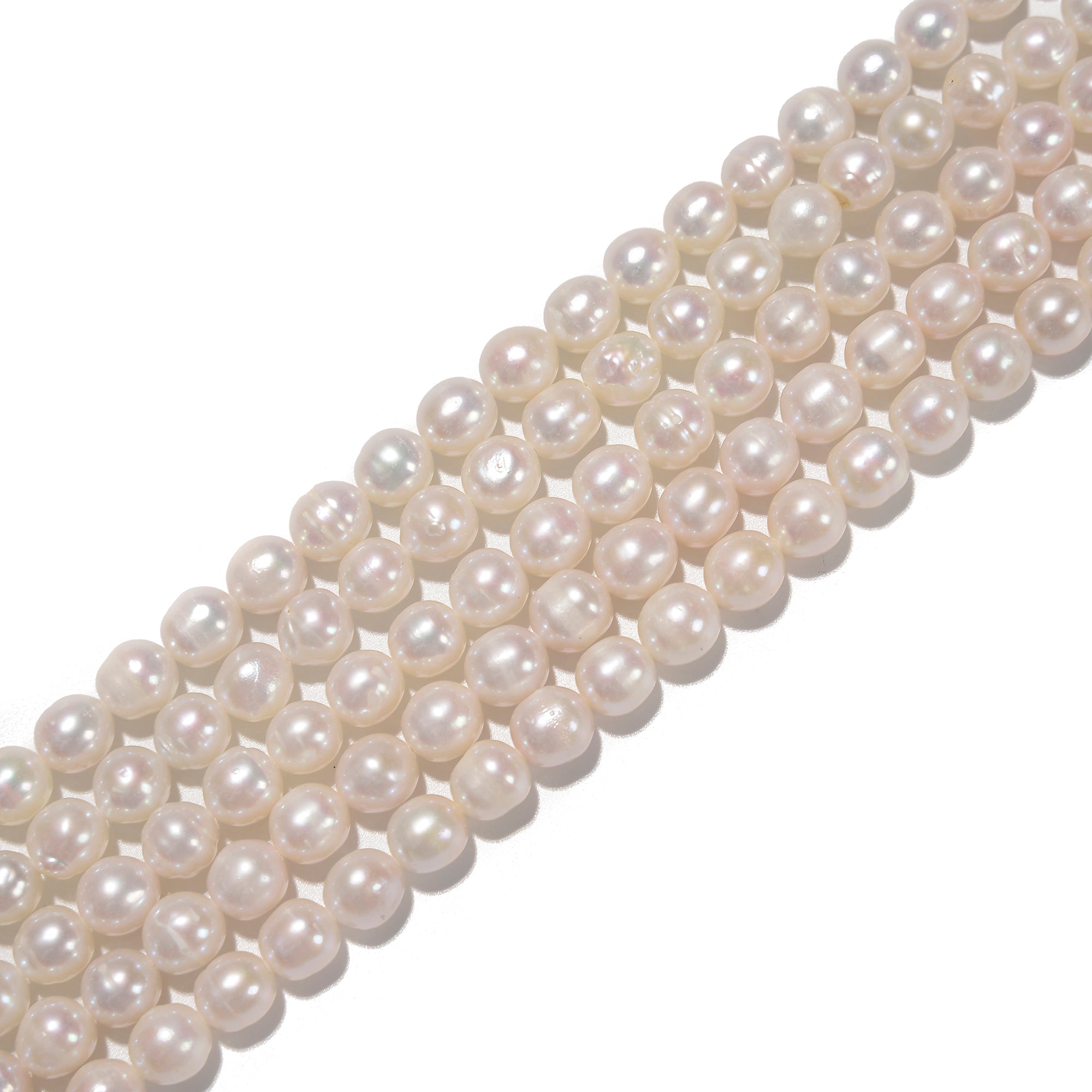 Premium Grade AB White Freshwater Akoya Pearl Beads - 7-8mm Off-Round Size, 15.5