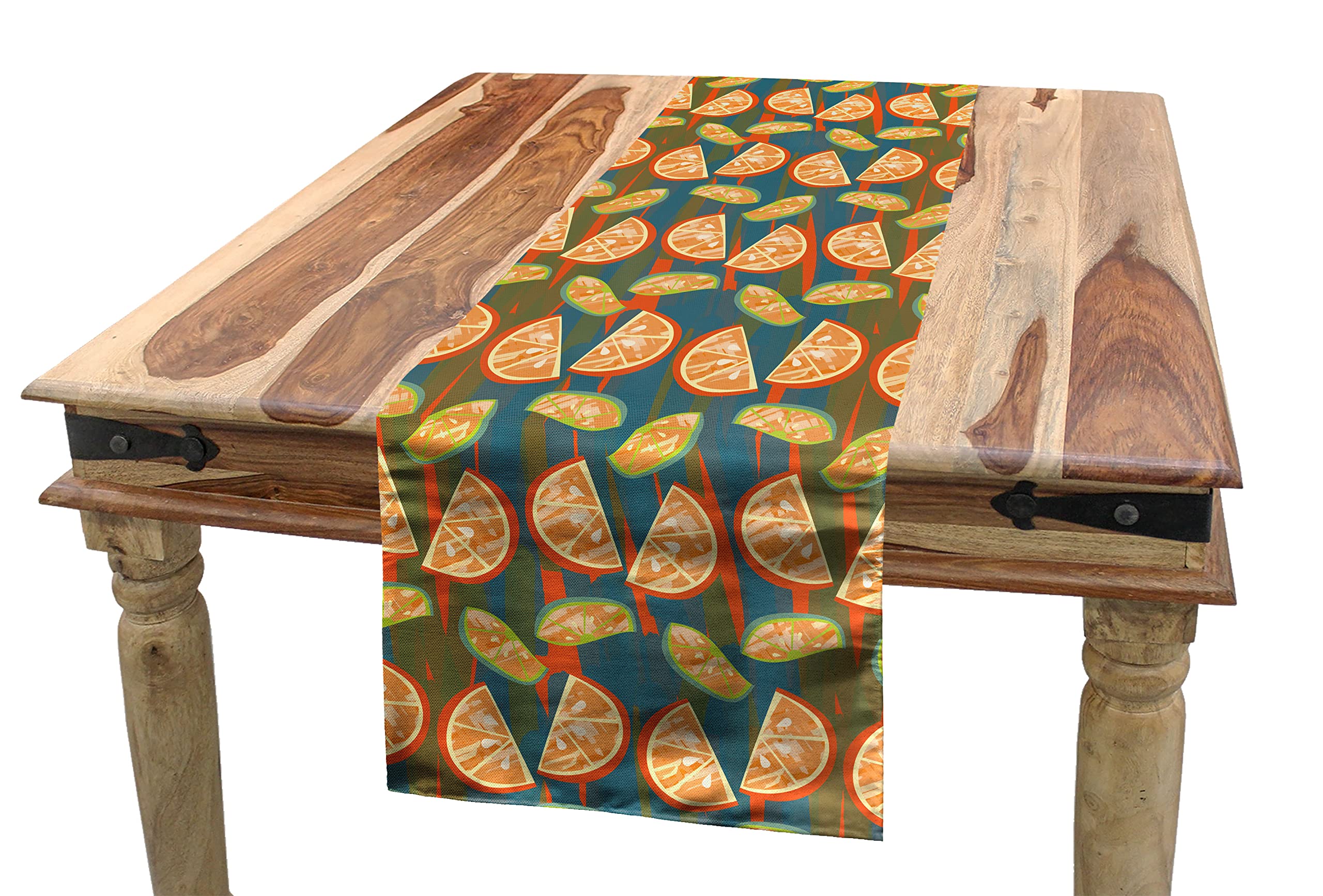 Ambesonne Fruits Table Runner - Orange & Lemon Slices on Blue Stripes, 14