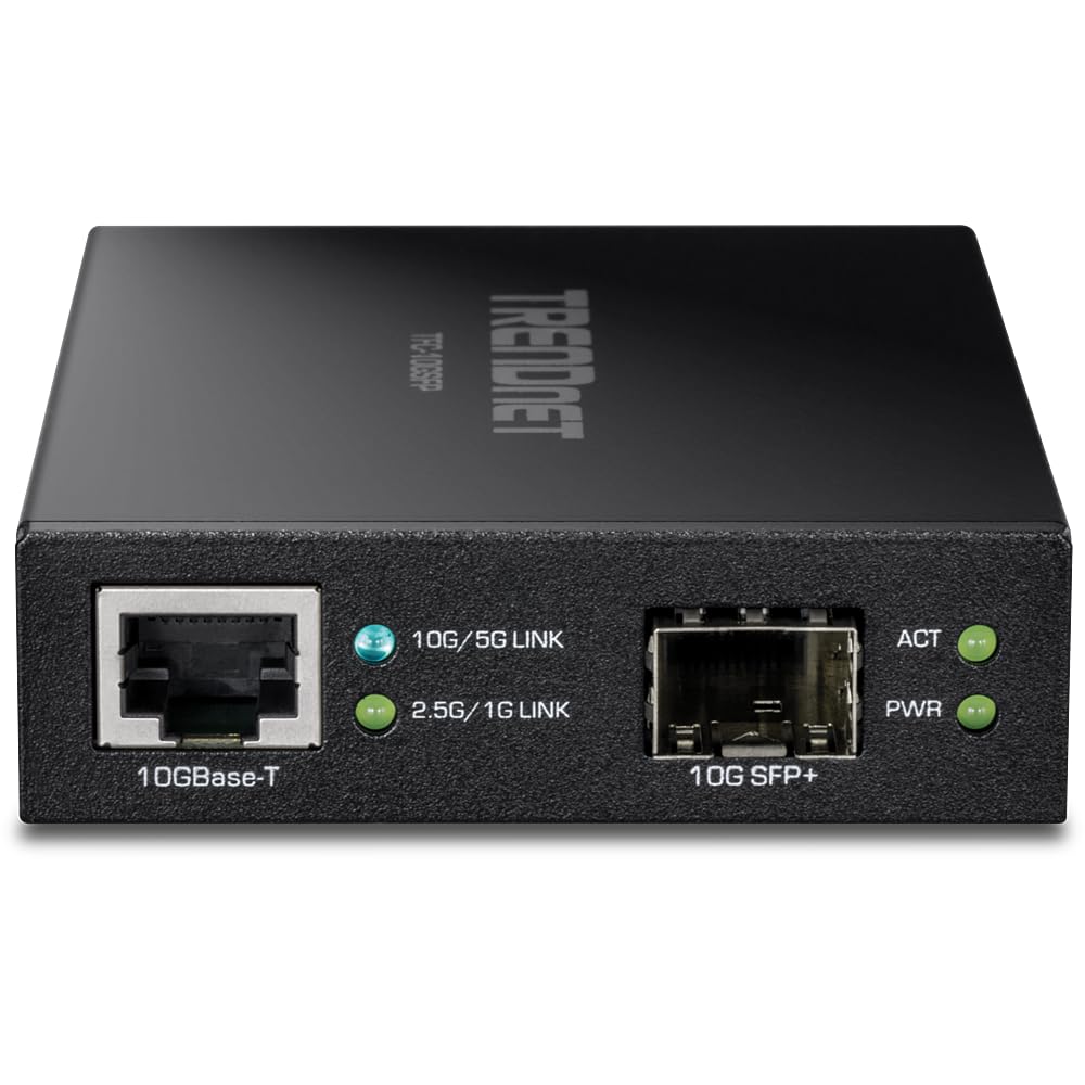 TRENDnet TFC-10GSFP 10GBase-T to SFP+ Media Converter - 1x 10G RJ-45 Port & 1x 10Gbps SFP+ Slot - SFP+ to 10G Ethernet Converter with Power Adapter - Ideal for Data Centers, Enterprise Networks & High-Speed Fiber Optic Connections