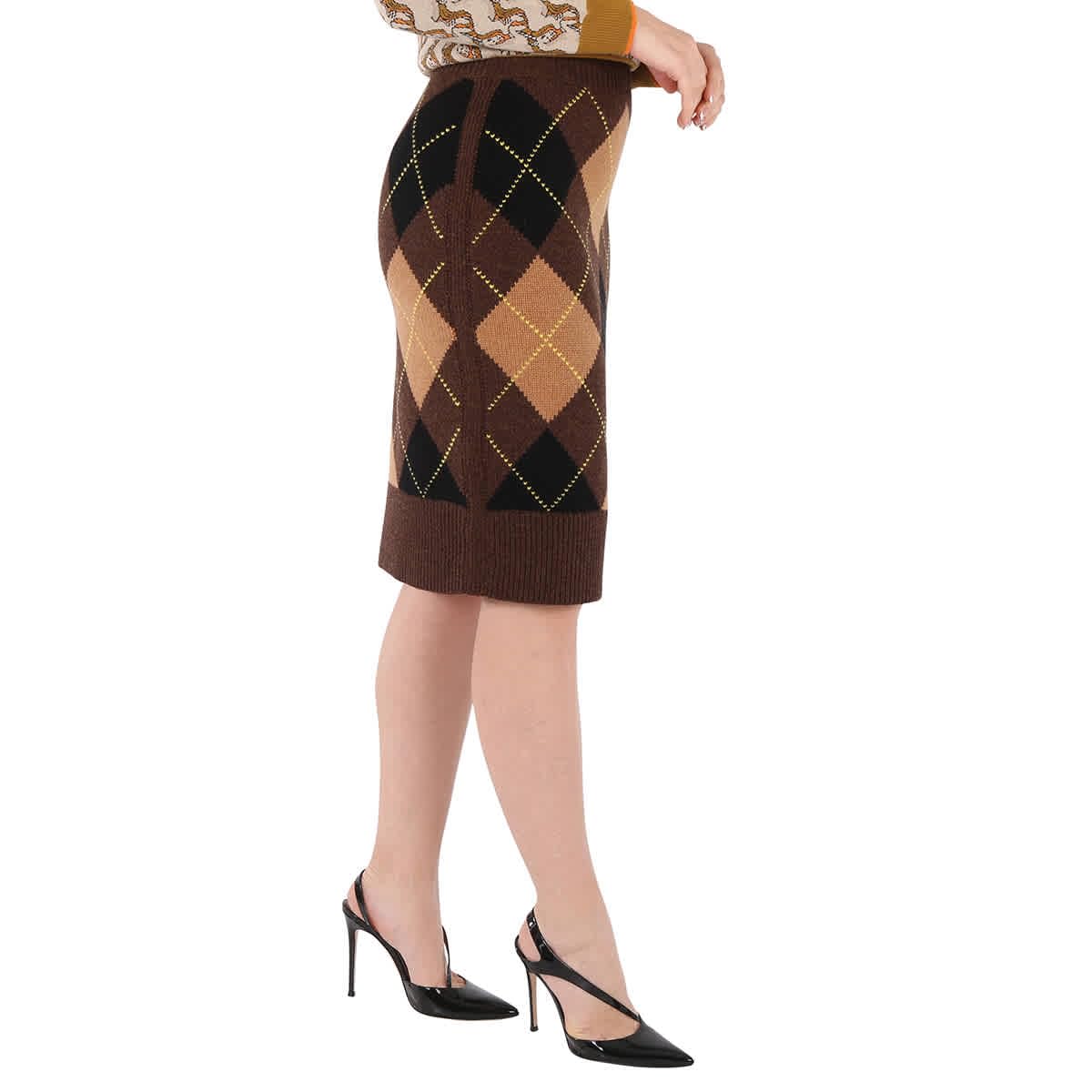 BURBERRY Women's Argyle Intarsia Wool Cashmere Pencil Skirt - Medium Size | Classic Plaid Design for Office, Party & Winter Fashion