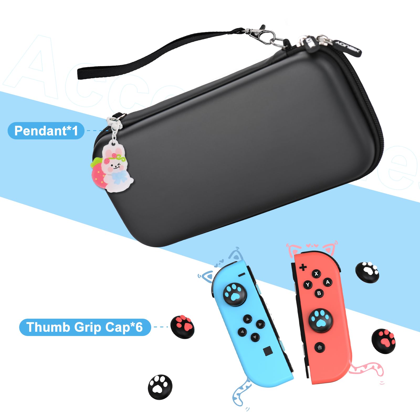 Younik 11-in-1 Nintendo Switch & Switch OLED Accessories Kit - Protective Carrying Case, Thumb Grips, Cute Stickers & Pendant for Gaming On-The-Go, Travel & Home Entertainment