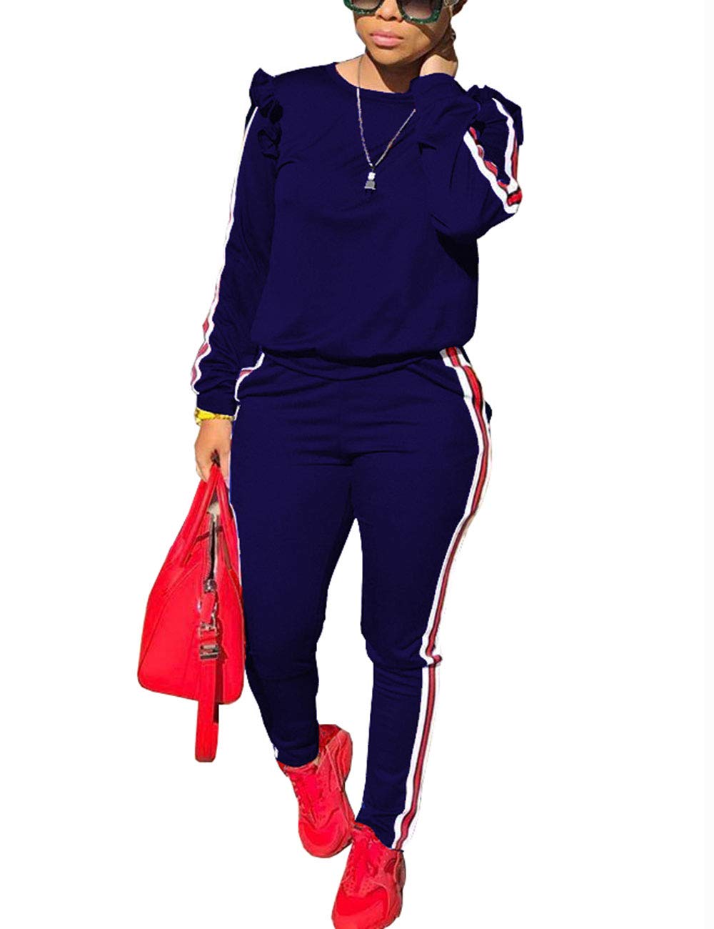 AKMIPOEM Women's 2-Piece Ruffle Sleeve Sweatshirt & Pants Set - Casual Tracksuit Outfit for Lounge, Workout & Streetwear Fashion