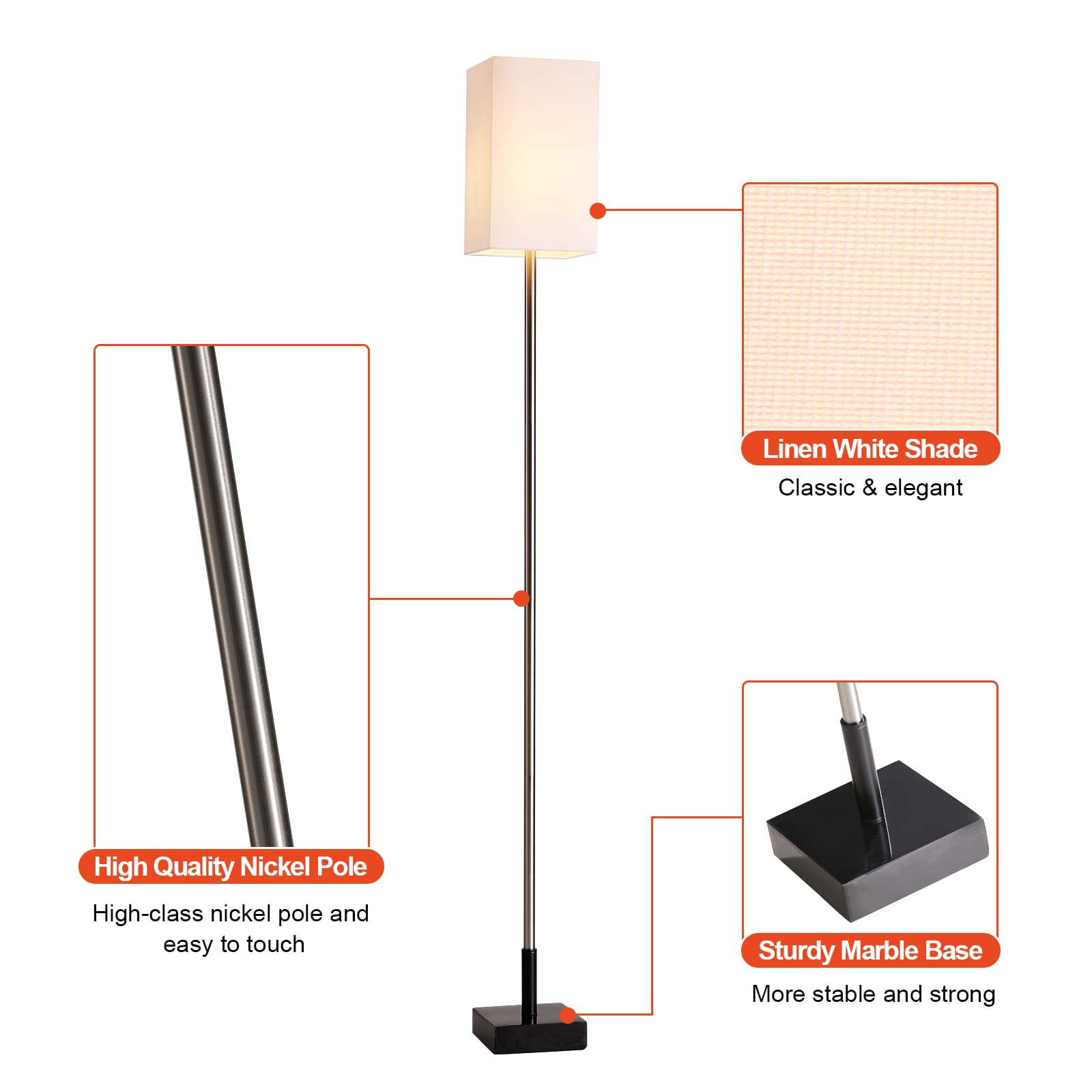 3-Way Dimmable Touch Control Modern Floor Lamp with Pull Chain Switch - Adjustable Brightness for Living Room, Bedroom, Office & Reading Corner