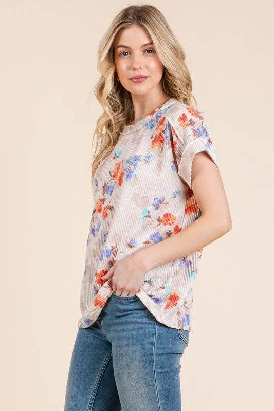 BOMBOM Floral Round Neck Ribbed T-Shirt for Women - Soft Stretch Casual Tee for Everyday Wear, Date Night & Summer Outfits