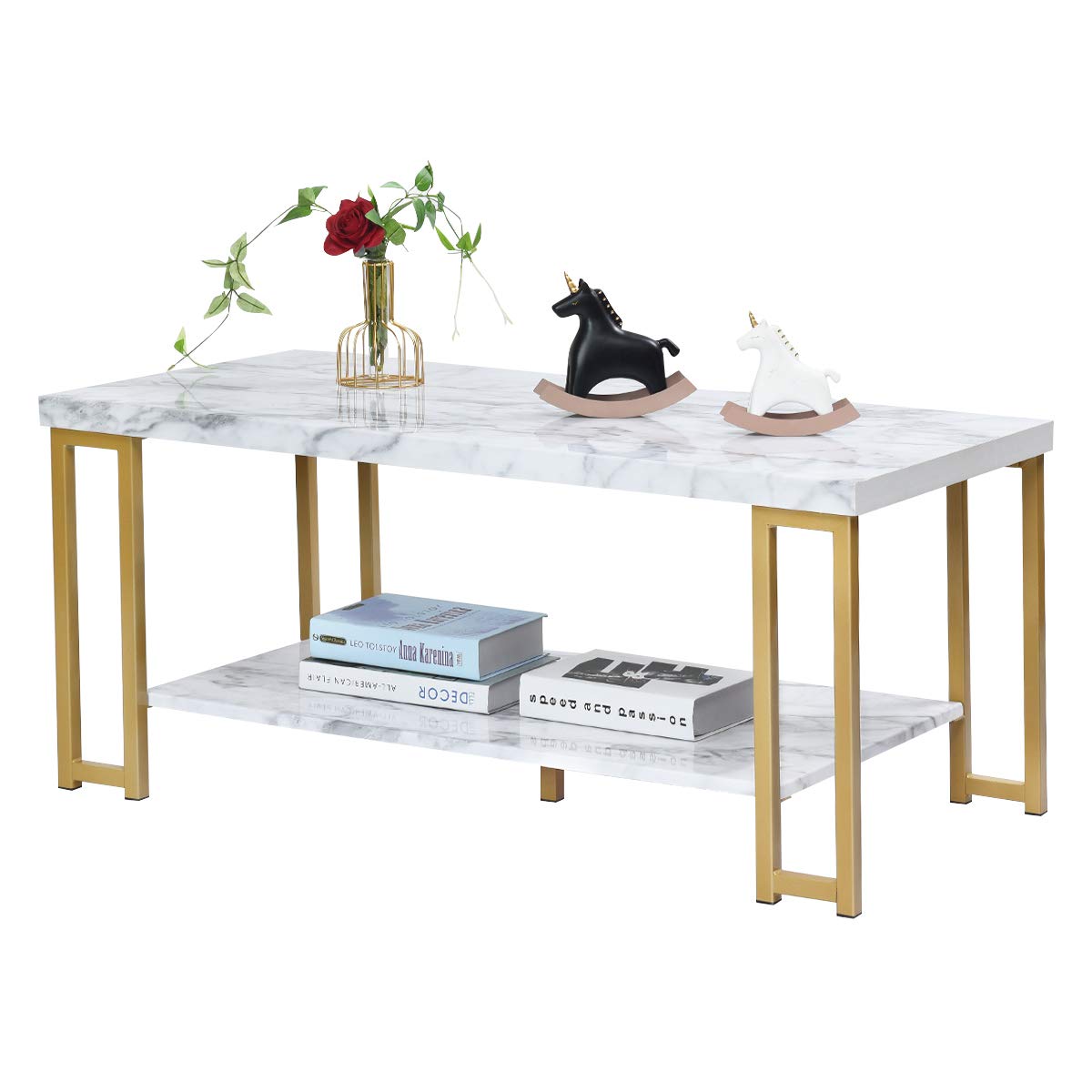 NAFORT 2-Tier White Faux Marble Coffee Table with Storage Shelf - Modern Rectangular Living Room Center Table with Gold Metal Frame - Sturdy & Stylish for Living Room, Bedroom, Office or Apartment Decor