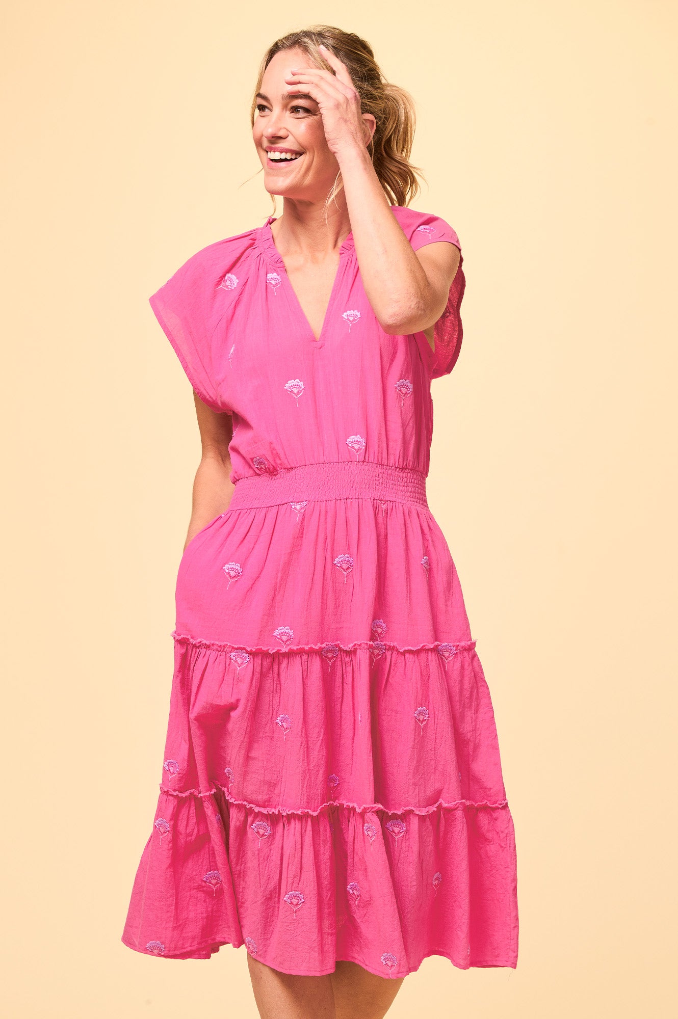 Riley Embroidered Organic Cotton Dress - Strawberry Pink & Lilac Floral Summer Dress for Women | Perfect for Beach Vacations, Garden Parties & Casual Outings