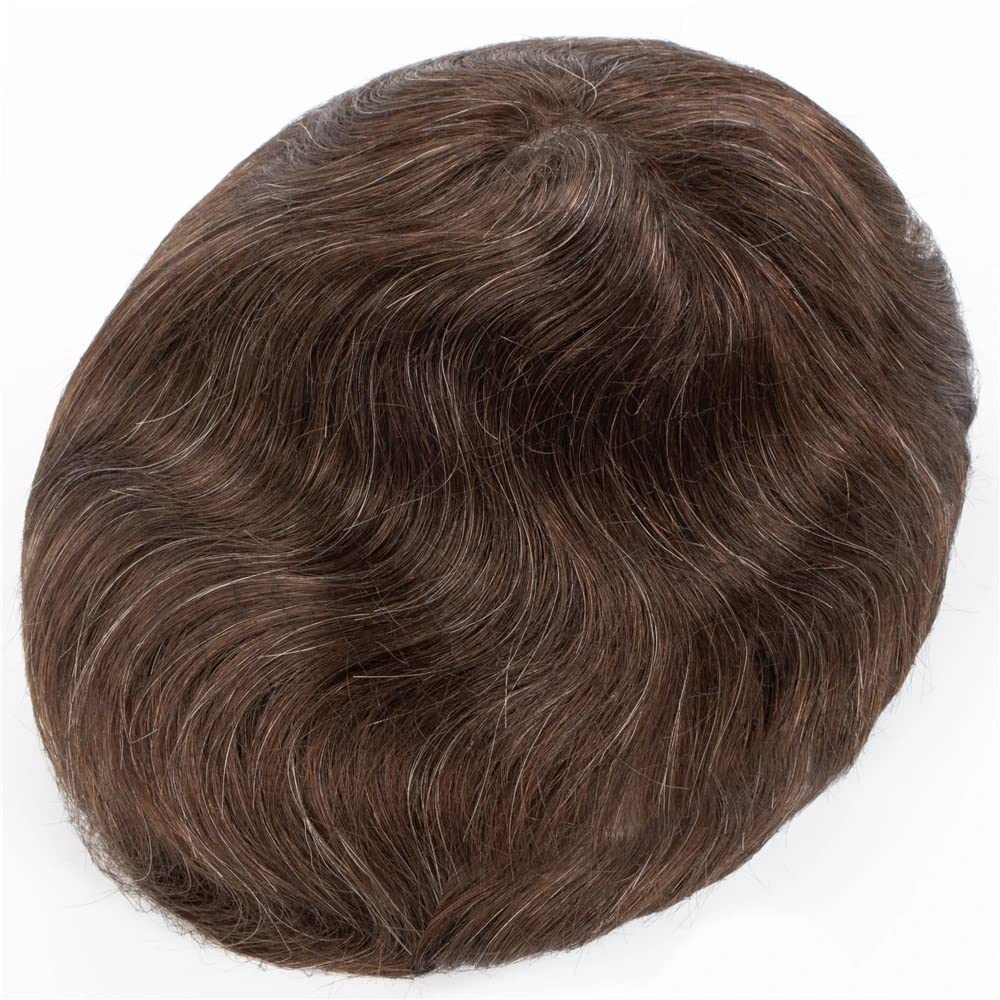 Premium 8x10 Inch Men's Toupee - 100% Human Hair with Super Soft Thin Skin & V-Loop Knot - Natural Brown with 10% Gray (#310) - Comfortable Hair System for Daily Wear, Special Occasions & Confidence Boost