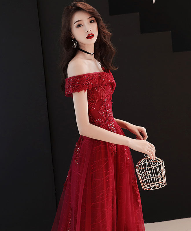 Elegant Burgundy Tulle Lace Off-Shoulder Prom Dress for Women - Formal Evening Gown for Homecoming, Wedding, and Special Occasions