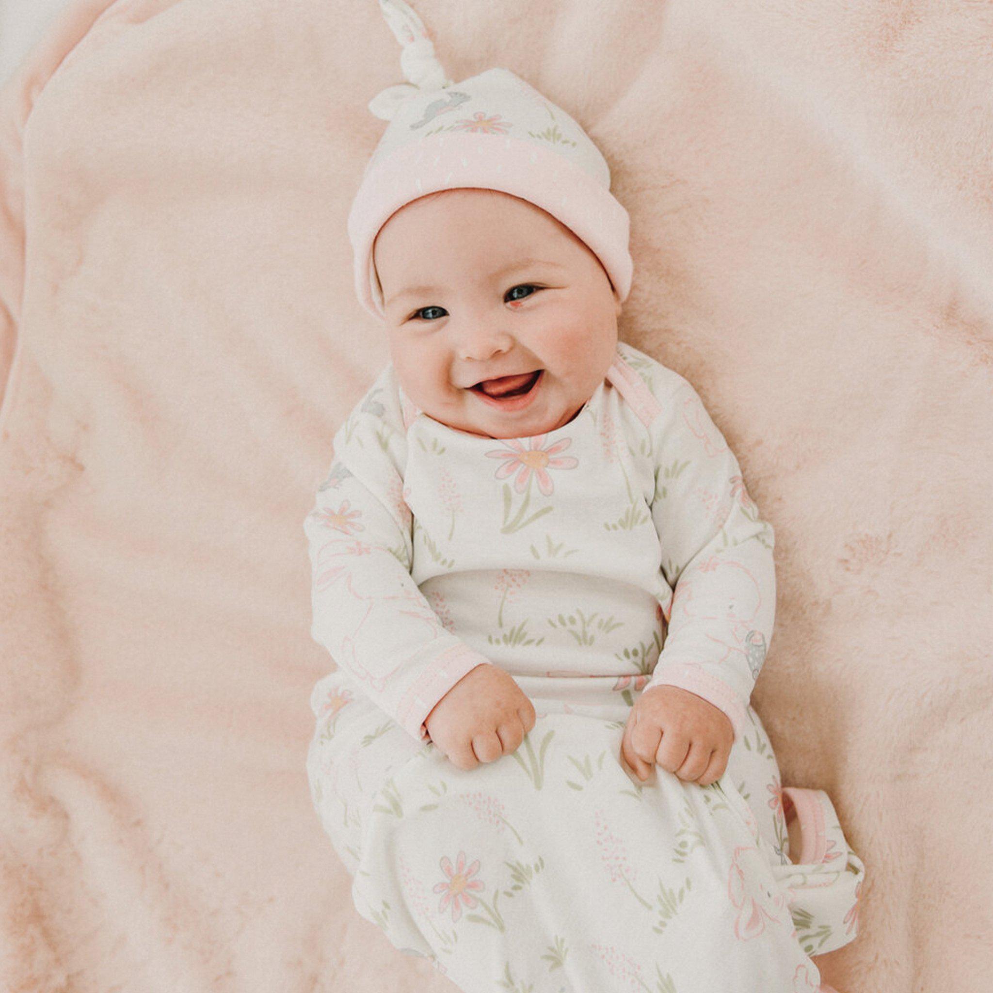 Newborn Friendship Blossom Knotty Gown and Hat Set - Baby Girl Outfit for Photoshoot, Christening & Special Occasions