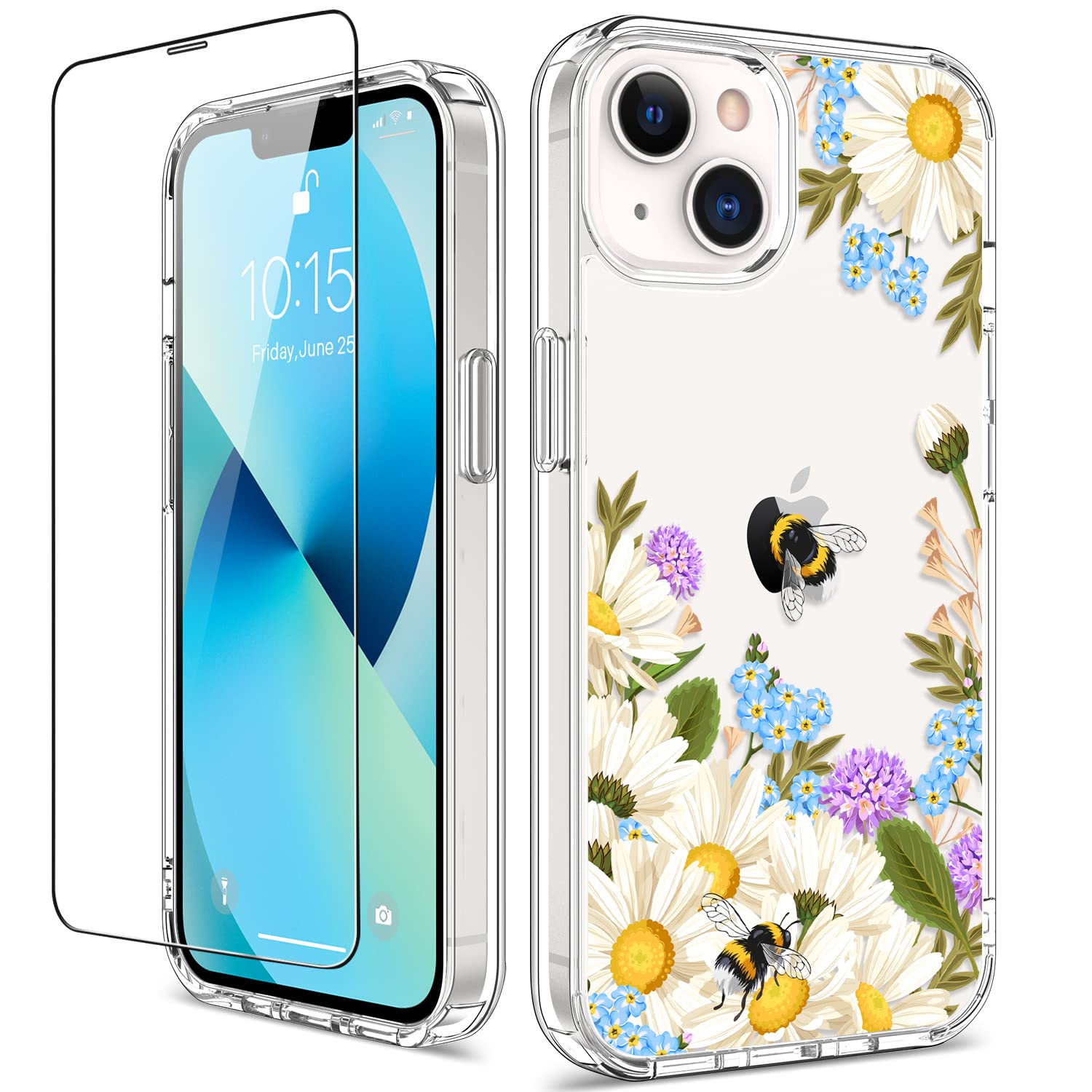 GiiKa iPhone 13 Mini Case with Screen Protector - 5.4 Inch Clear Shockproof Full Body Protective Cover with TPU Bumper - Floral Design Hard Case for Women & Girls - White Flowers Pattern - Perfect for Everyday Use, Travel & Gift Giving