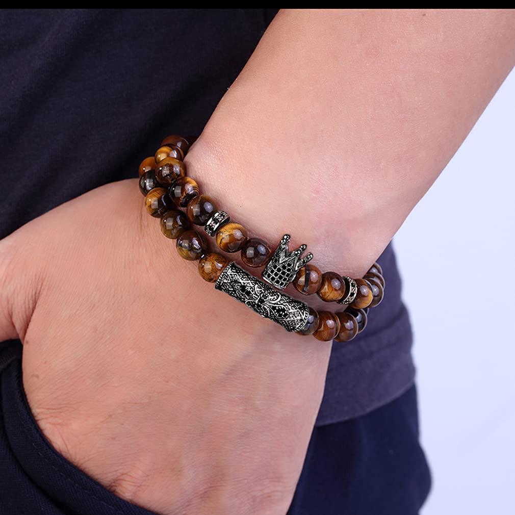 4 Pcs 8mm Crown King Bracelets for Men & Women - Tiger Eye & Black Matte Onyx Natural Stone Beads Set | Cool Unisex Jewelry Gift for Everyday Wear, Yoga & Meditation