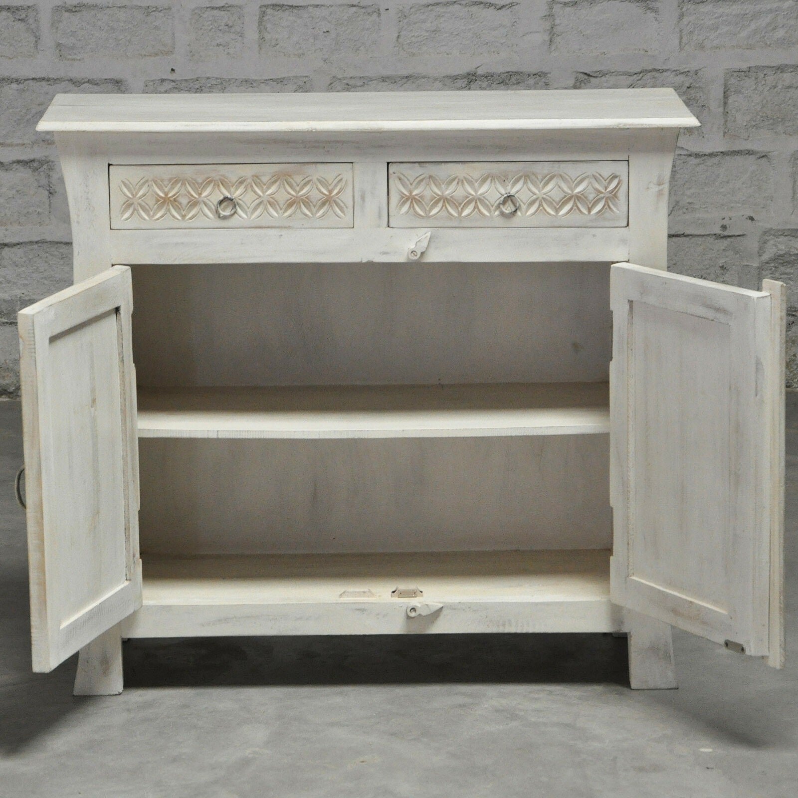 French Colonial Style Hand Carved Solid Wood Sideboard Buffet Cabinet - White Distressed Finish for Dining Room, Living Room & Entryway Decor