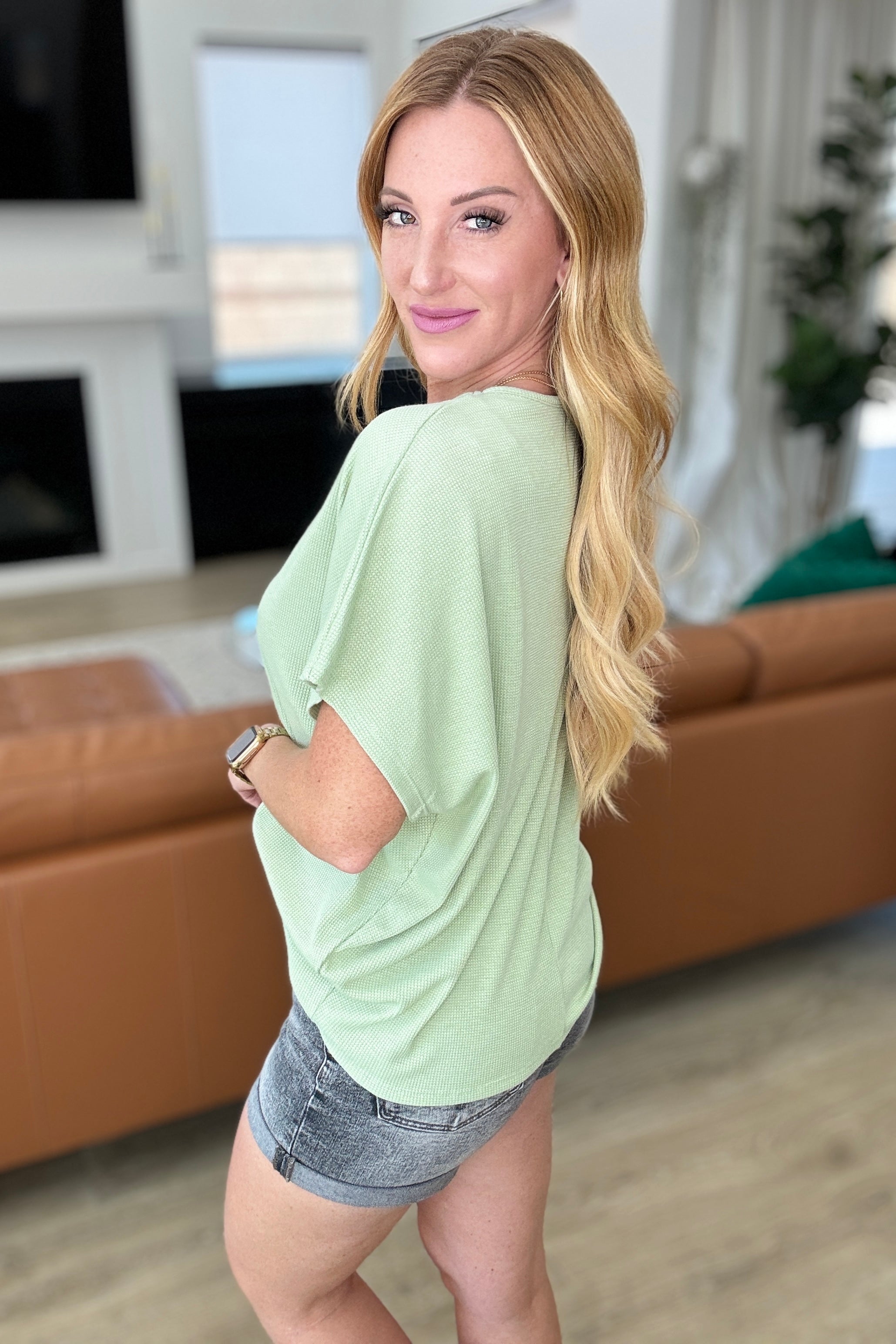 Big Sky Country Waffle Knit Top In Sage - Cozy Women's Casual Sweater for Fall & Winter | Perfect for Layering, Outdoor Adventures & Relaxing at Home