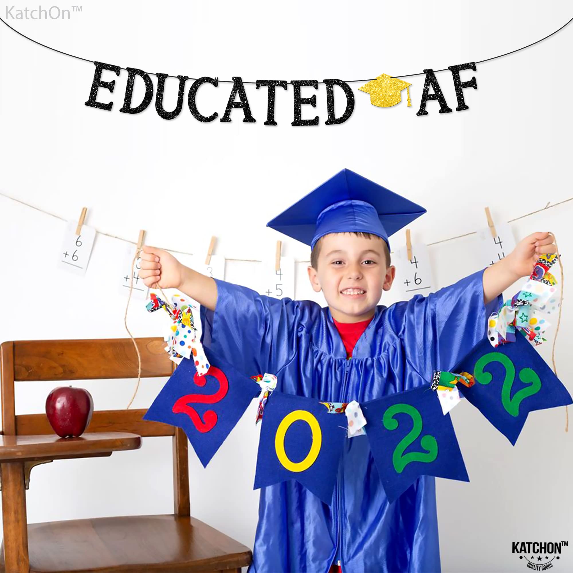 KatchOn Glitter Black 'Educated AF' Graduation Banner - 10ft Ready-to-Hang | Class of 2025 Graduation Party Decor | Funny Graduation Sign for High School & College Celebrations | Perfect for Graduation Photos, Wall Decor & Party Backdrops