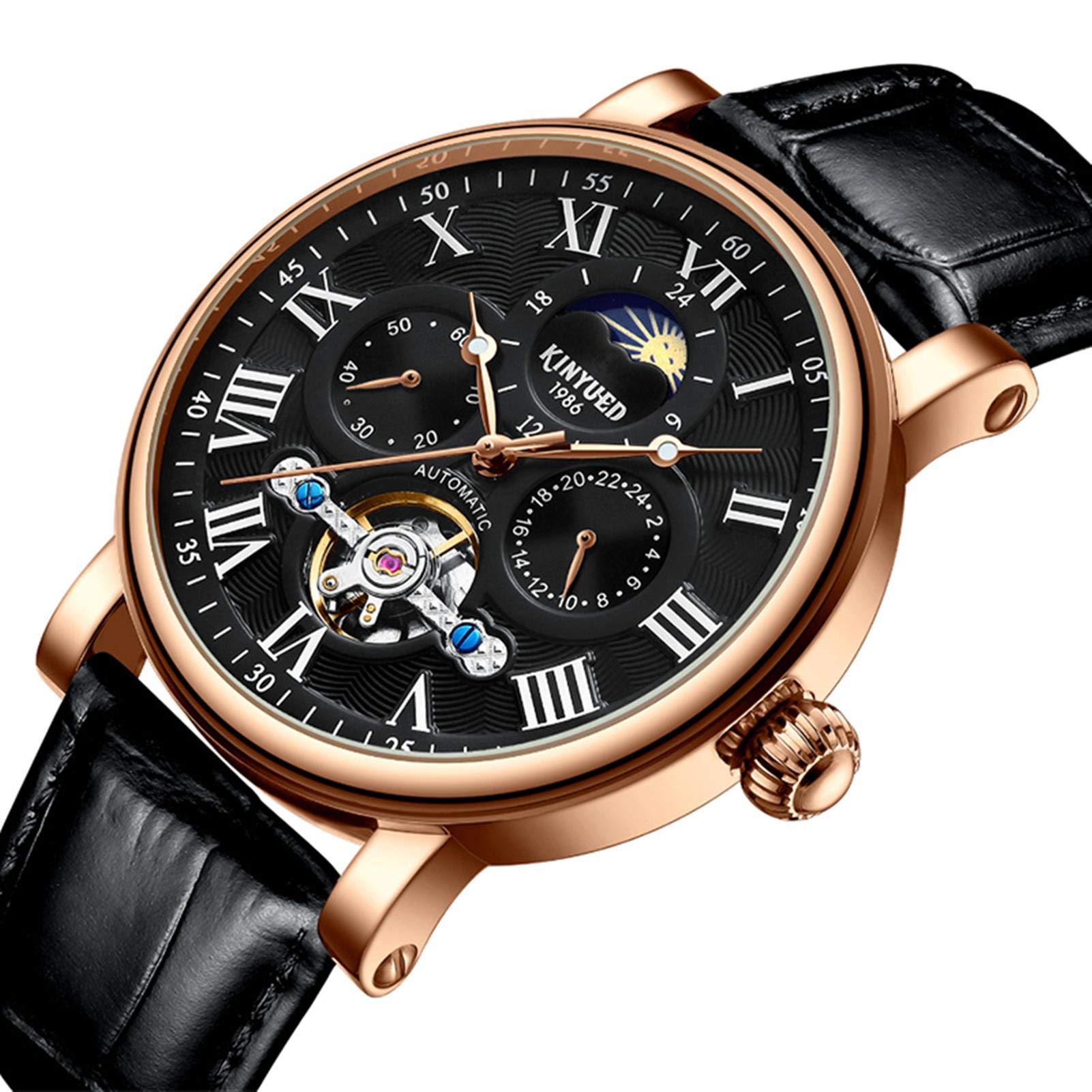 Premium JTTM Men's Automatic Tourbillon Watch - Self-Winding Mechanical Luxury Business Timepiece with Leather Strap, Calendar & Luminous Hands - Waterproof Wristwatch for Office, Formal Events & Gifts