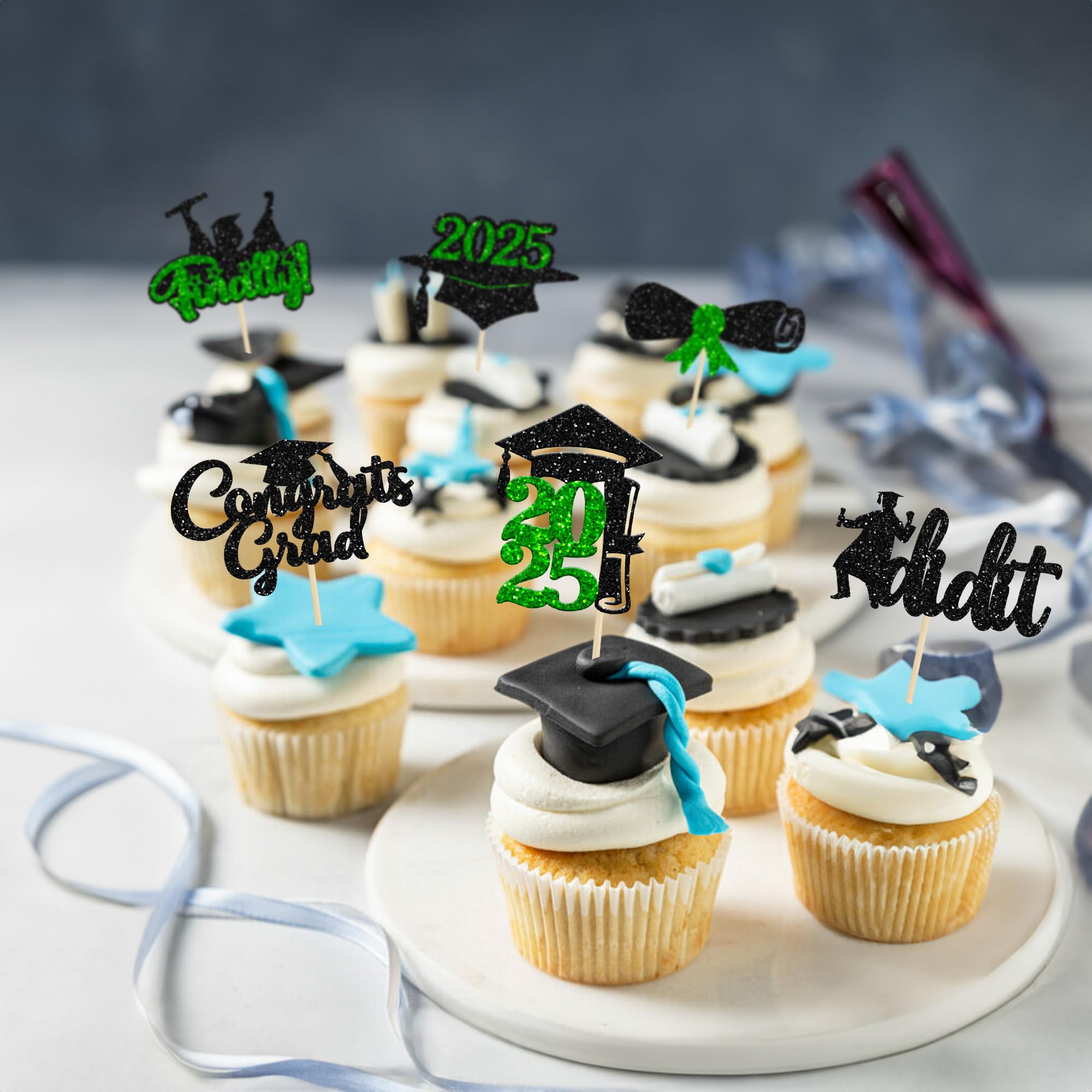 24Pcs 2025 Graduation Cupcake Toppers - Glitter Class of 2025 Diploma Cake Decorations - Congrats Grad Cap Picks for Graduation Party Supplies (Green) | Perfect for High School & College Graduation Celebrations, Birthday Cakes, and Dessert Decorations