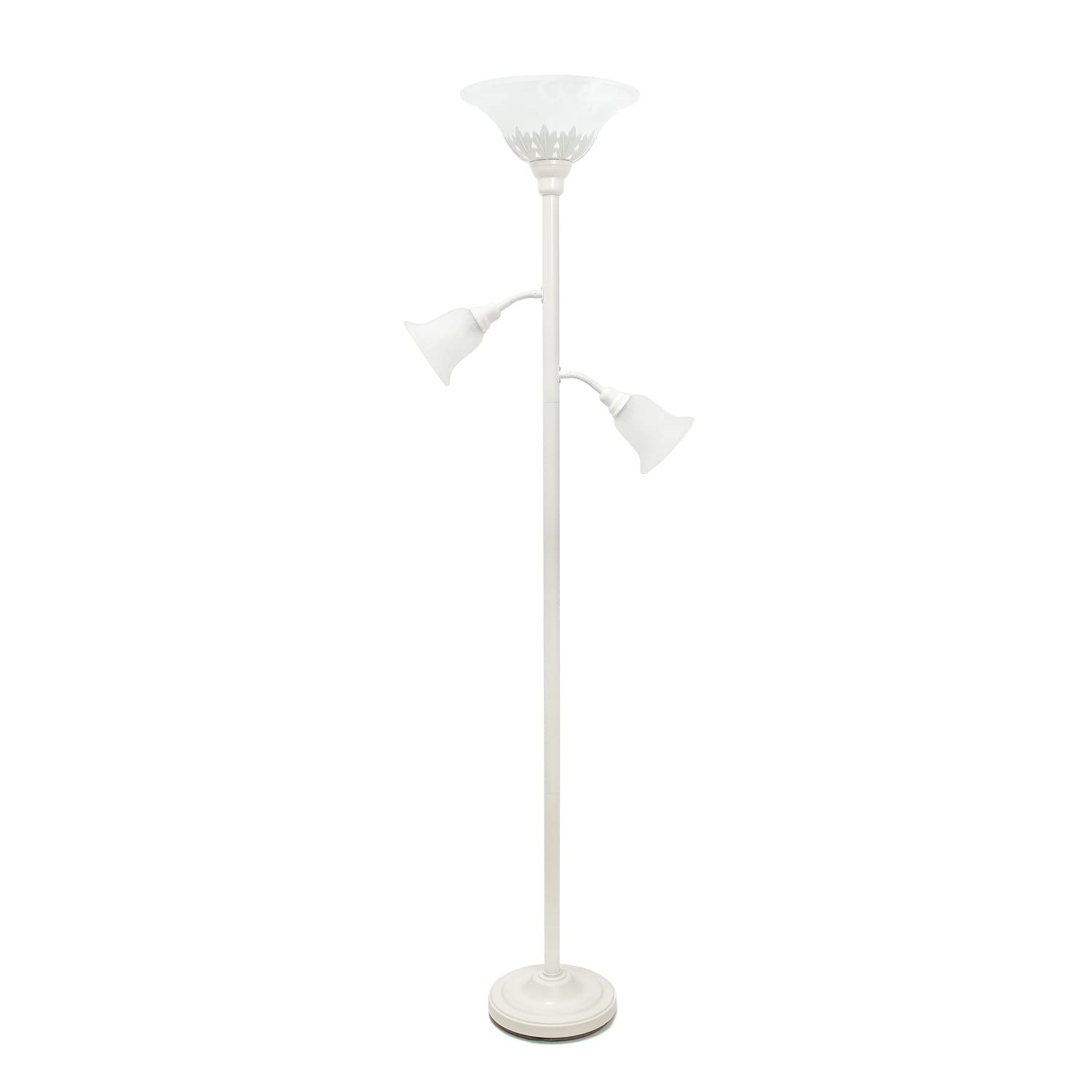 White Torchiere Floor Lamp with 2 Adjustable Reading Lights & Scalloped Glass Shades - Perfect for Living Room, Bedroom & Office Lighting