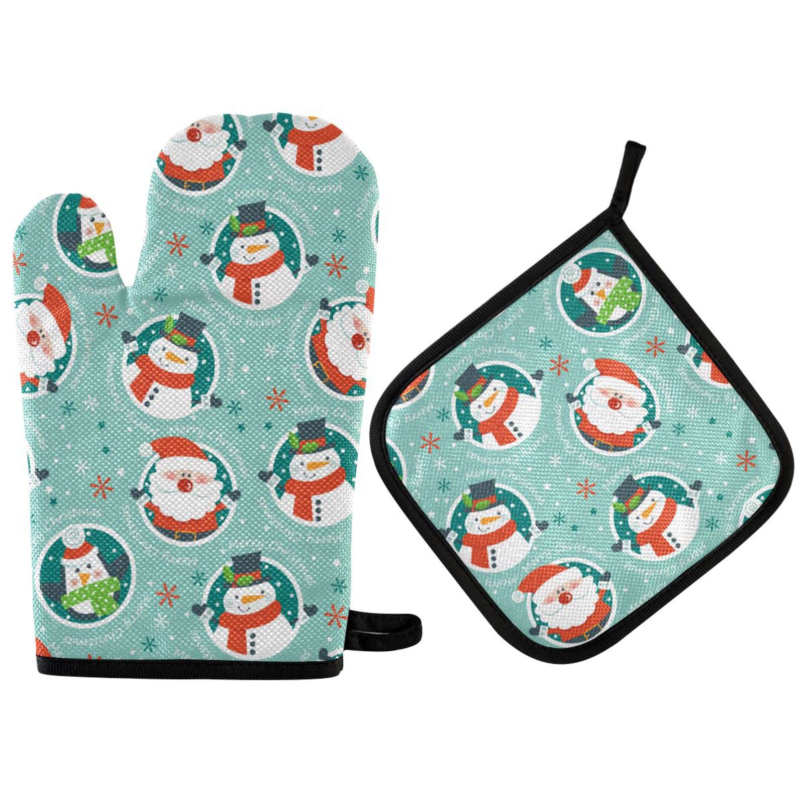 **Funny Christmas Santa Claus & Snowman Oven Mitts Set - 2PCS Heat Resistant Kitchen Gloves for Baking, Cooking, Grilling & BBQ - Holiday Decor with Snowflakes Design**    **Usage Scenarios:** Perfect for holiday baking, cooking festive meals, grilling, BBQ parties, and adding a cheerful touch to your kitchen decor.