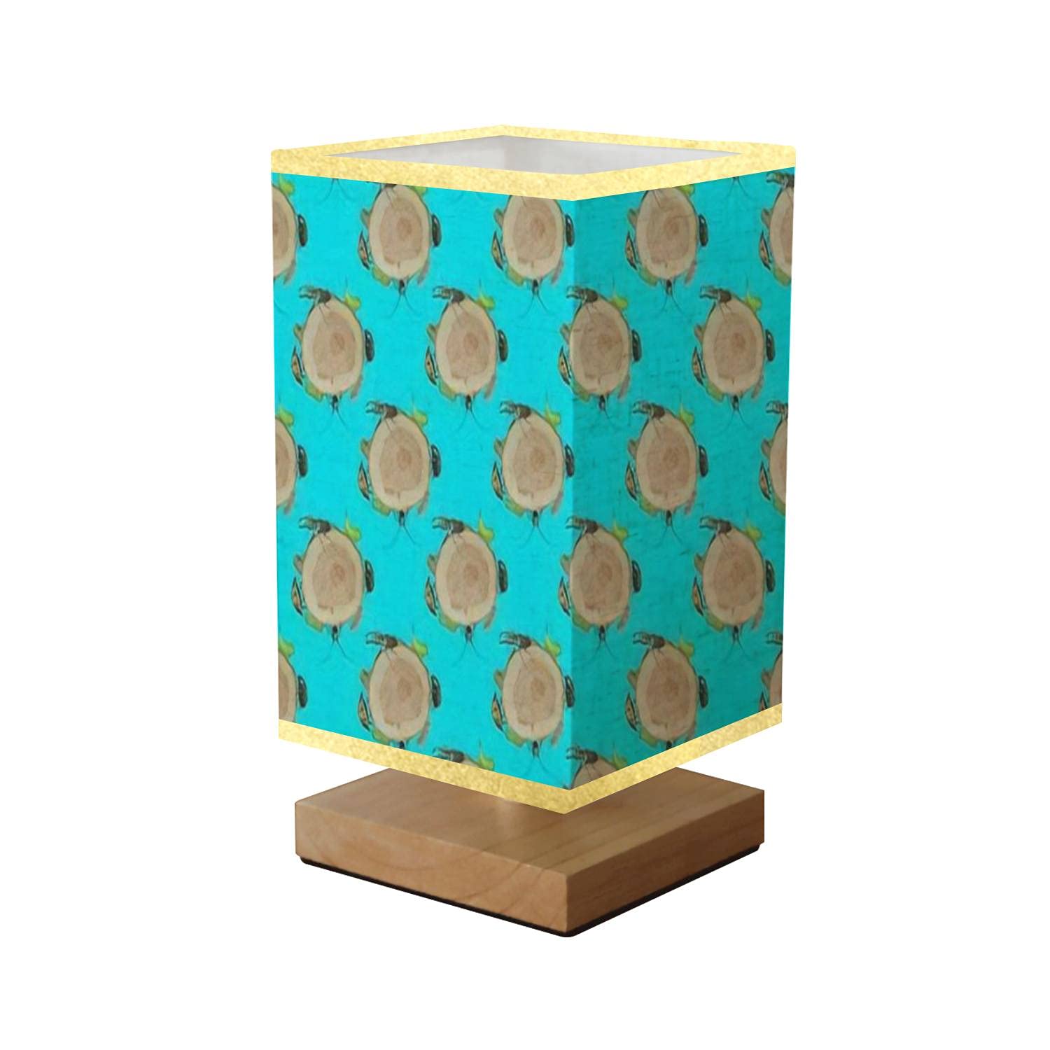 Dimmable Square Bedside Table Lamp with Oak Wooden Base & Flaxen Fabric Shade - Beetles & Caterpillars Seamless Pattern - Perfect for Bedroom Nightstand or Living Room Desk Lighting