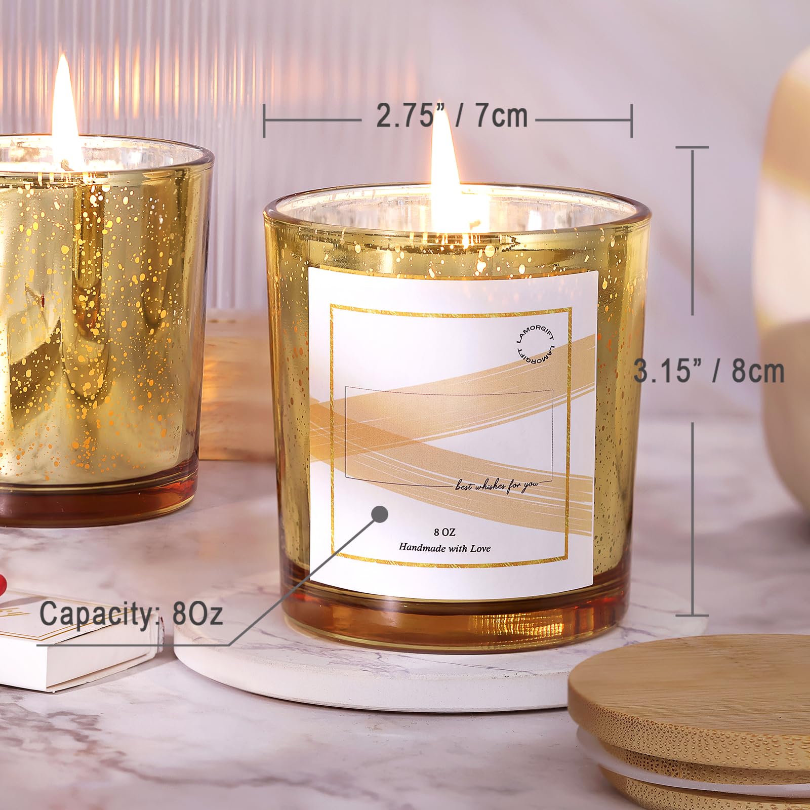LAMORGIFT 15 Pack 8oz Gold Glass Candle Jars with Lids - Empty Mercury Glass Containers for DIY Candle Making - Includes 20 Candle Labels - Perfect for Home Decor, Wedding Favors & Gift Packaging
