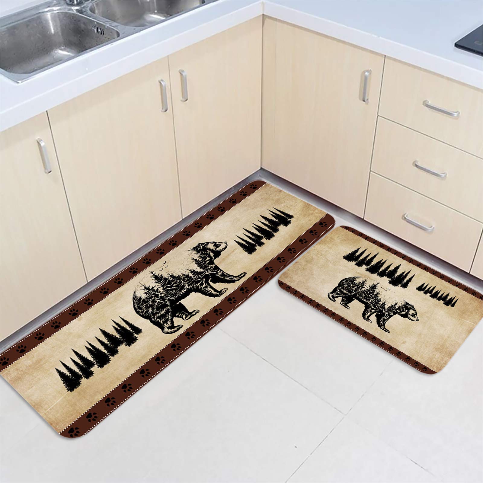 LooPoP Non-Slip Kitchen Rugs and Mats Set - 2-Piece Washable Anti-Fatigue Floor Mats with Vintage Bear & Pine Tree Moon Design, Waterproof Standing Rug for Home Kitchen, Office, or Dorm Room