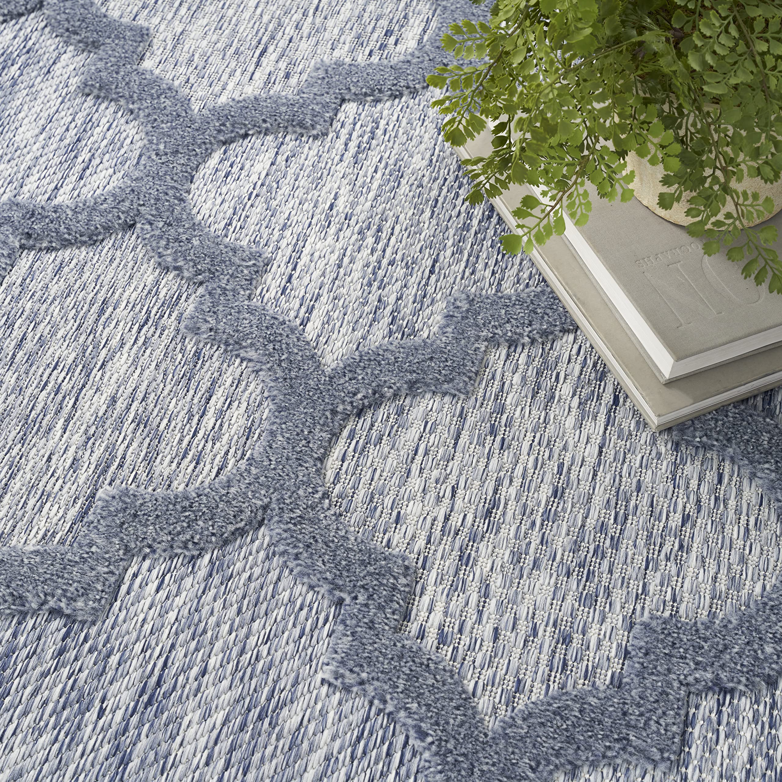 Nourison Easy Care Moroccan Denim Blue 7' x 10' Area Rug - Trellis Pattern, Stain Resistant & Non-Shedding for Easy Cleaning | Perfect for Bedroom, Living Room, Dining Room, Backyard, Deck & Patio Decor (7x10)