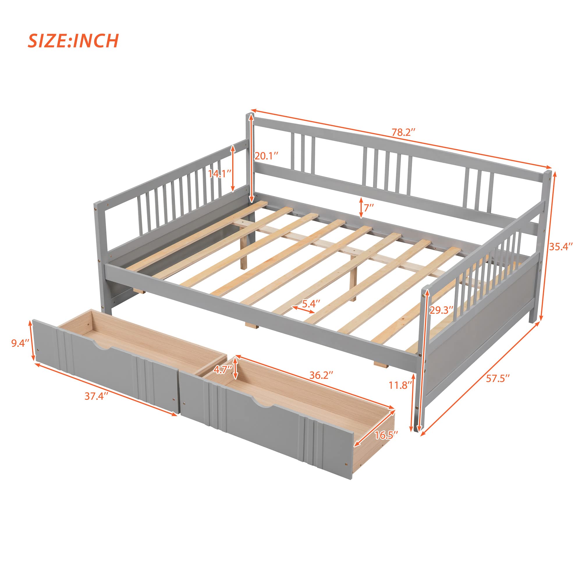 Full Size Wooden Daybed with 2 Storage Drawers & 10 Wooden Slats - No Box Spring Needed (Grey) | Perfect for Guest Rooms, Dorms & Small Spaces