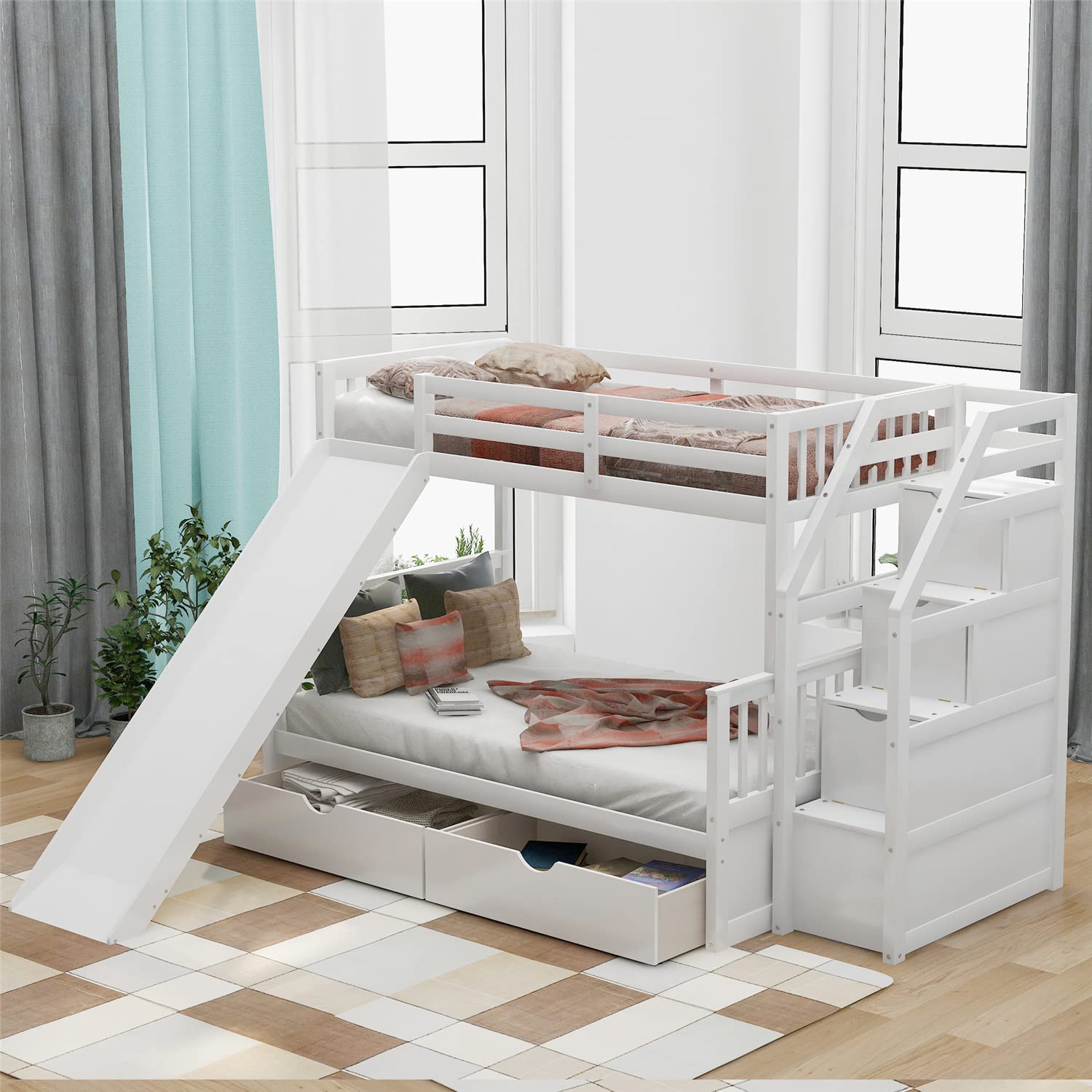 Twin Over Full Bunk Bed with Slide & Storage - White Wooden Bunk Bed for Kids' Bedroom