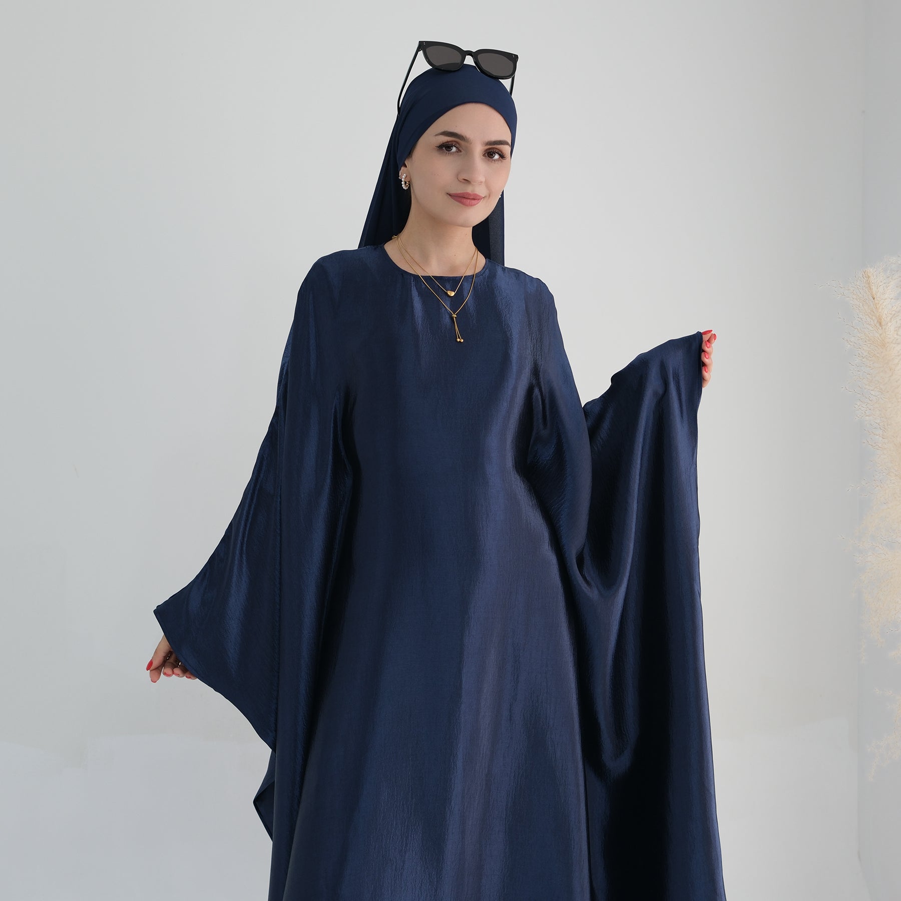 Elegant Navy Blue Alisha Butterfly Satin Abaya - Modest Islamic Dress for Women, Prayer, Special Occasions & Everyday Wear