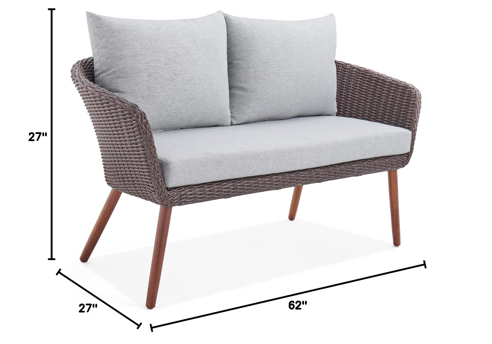 **Athens All-Weather Wicker 2-Seat Outdoor Patio Furniture Set with Removable Cushions - Modern Weatherproof Armchair & Bench with Wood Legs - Perfect for Patio, Porch, Garden, or Poolside Relaxation**