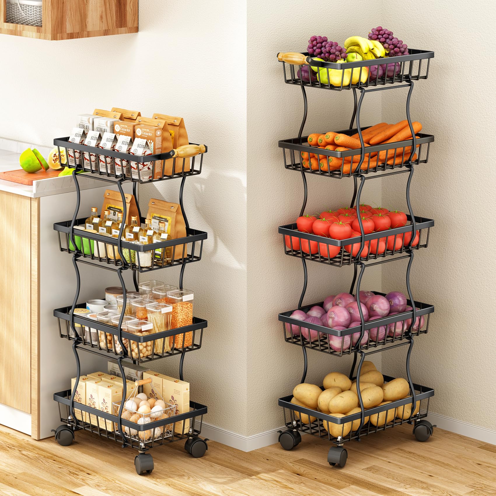 4-Tier Stackable Metal Wire Basket Organizer for Kitchen Pantry - Fruit, Vegetable, Snacks, Jars Storage | Space-Saving Home Organization for Countertop, Cabinet, or Refrigerator | Black