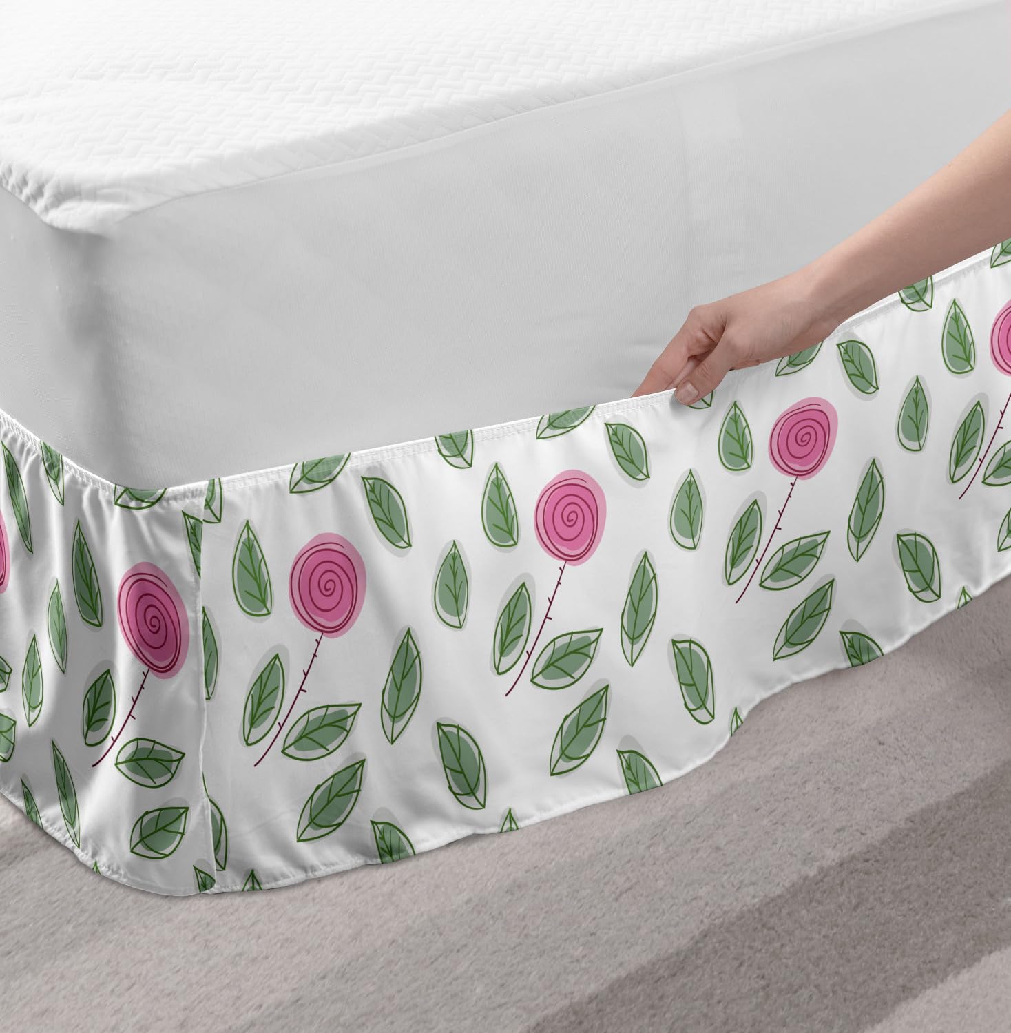 Ambesonne Rose Bed Skirt King Size - Modern Pink Rose Blossoms with Spiral Design & Green Leaves - Elastic Wrap Around Bedroom Decor - Gathered Design in Pink, Reseda Green & White - Perfect for Master Bedroom, Guest Room & Nursery Decor
