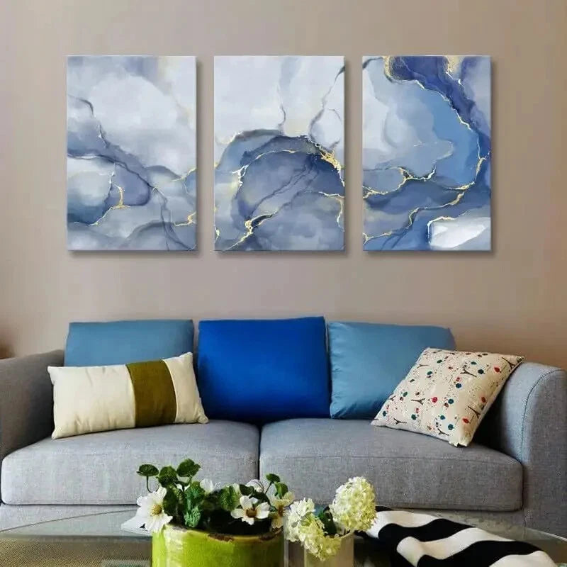 3-Piece Blue and Gold Abstract Metal Wall Art Prints - Ready to Hang Modern Home Decor for Living Room, Bedroom & Office